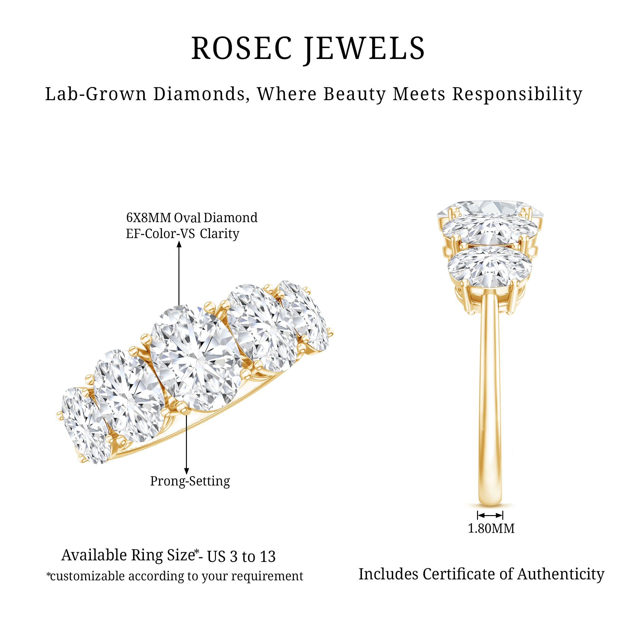 Lab Grown Diamond 5 Stone Statement Ring Lab - ( EF-VS ) - Rosec Jewels