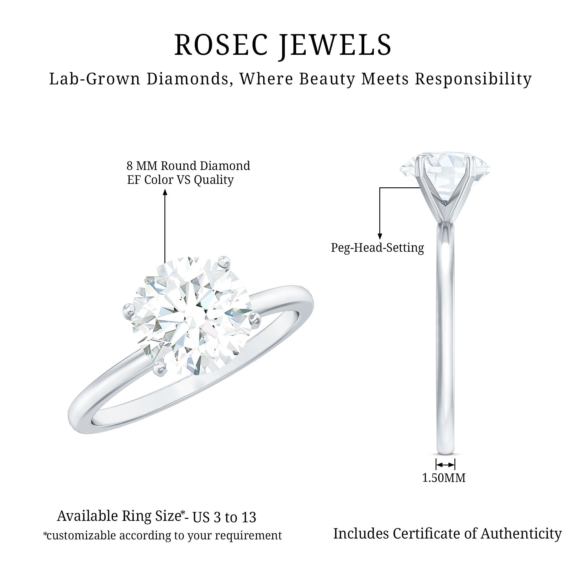 Rosec Jewels-2 Carat Lab Created Diamond Solitaire Engagement Ring With 6 Prongs