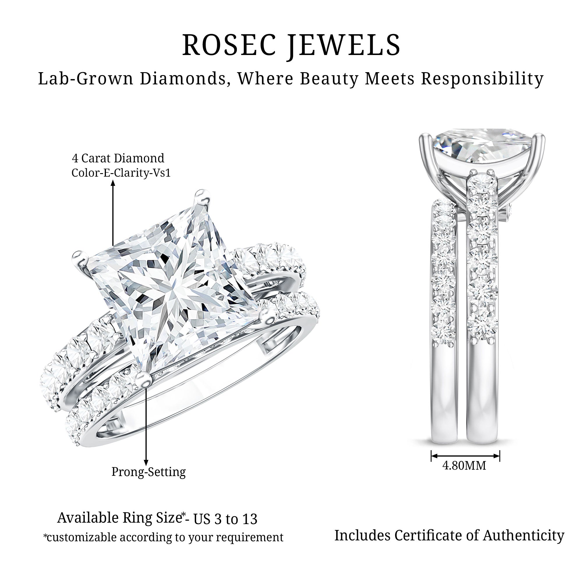 4 Carat IGI Certified Lab Grown Diamond Princess Cut Bridal Ring Set Lab - ( E-VS1 ) - Rosec Jewels