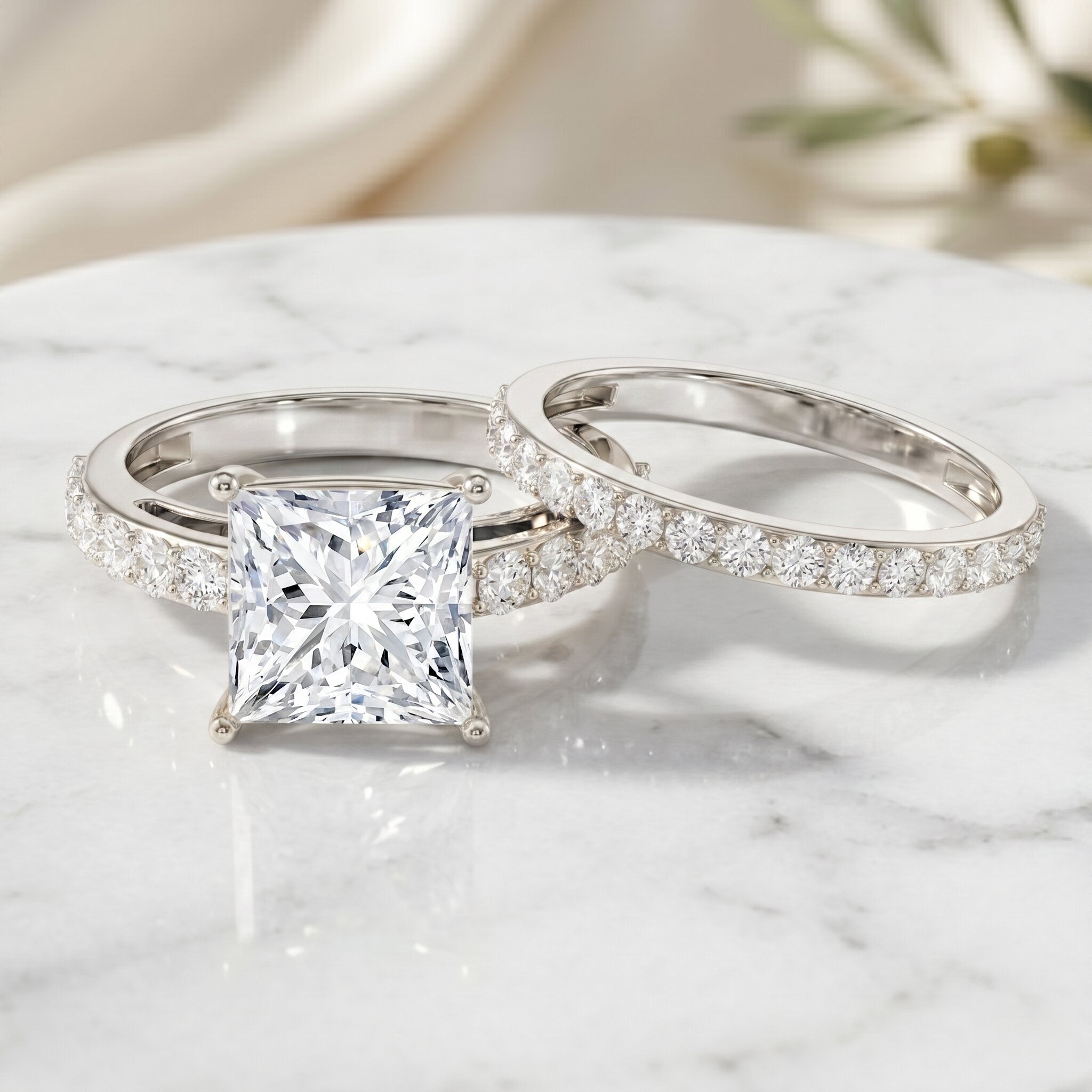 4 Carat IGI Certified Lab Grown Diamond Princess Cut Bridal Ring Set Lab - ( E-VS1 ) - Rosec Jewels