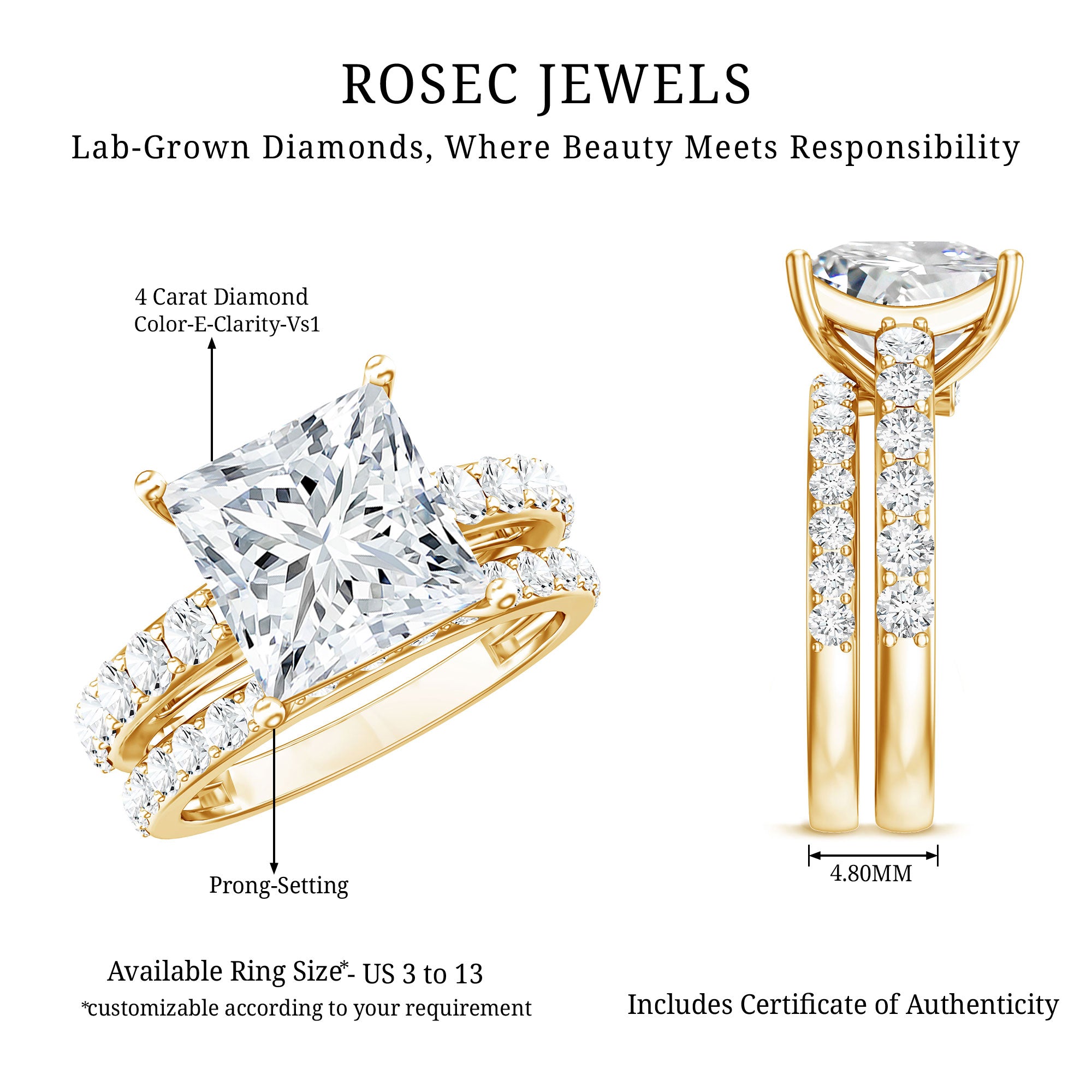 4 Carat IGI Certified Lab Grown Diamond Princess Cut Bridal Ring Set Lab - ( E-VS1 ) - Rosec Jewels