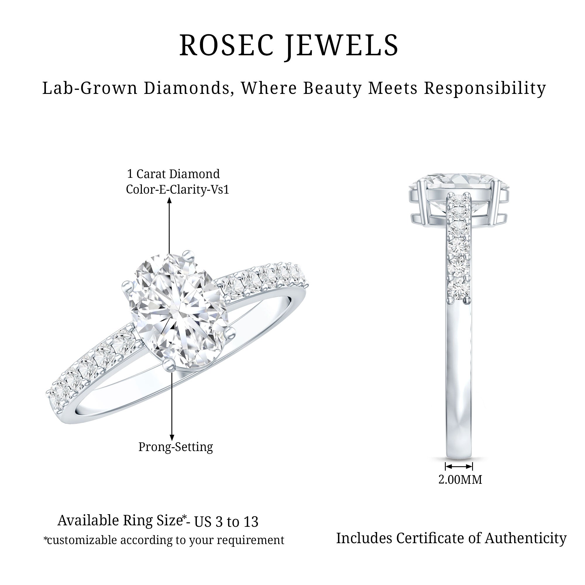 1 Carat Oval Shaped Lab Grown Diamond Engagement Ring with IGI Certificate Lab - ( E-VS1 ) - Rosec Jewels
