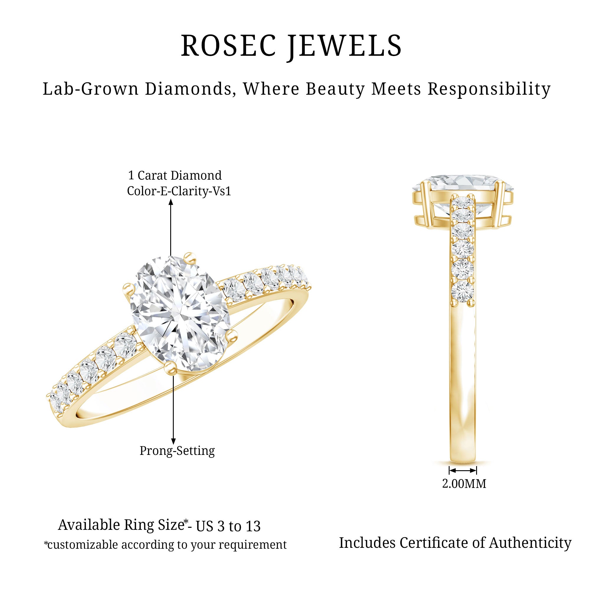 1 Carat Oval Shaped Lab Grown Diamond Engagement Ring with IGI Certificate Lab - ( E-VS1 ) - Rosec Jewels