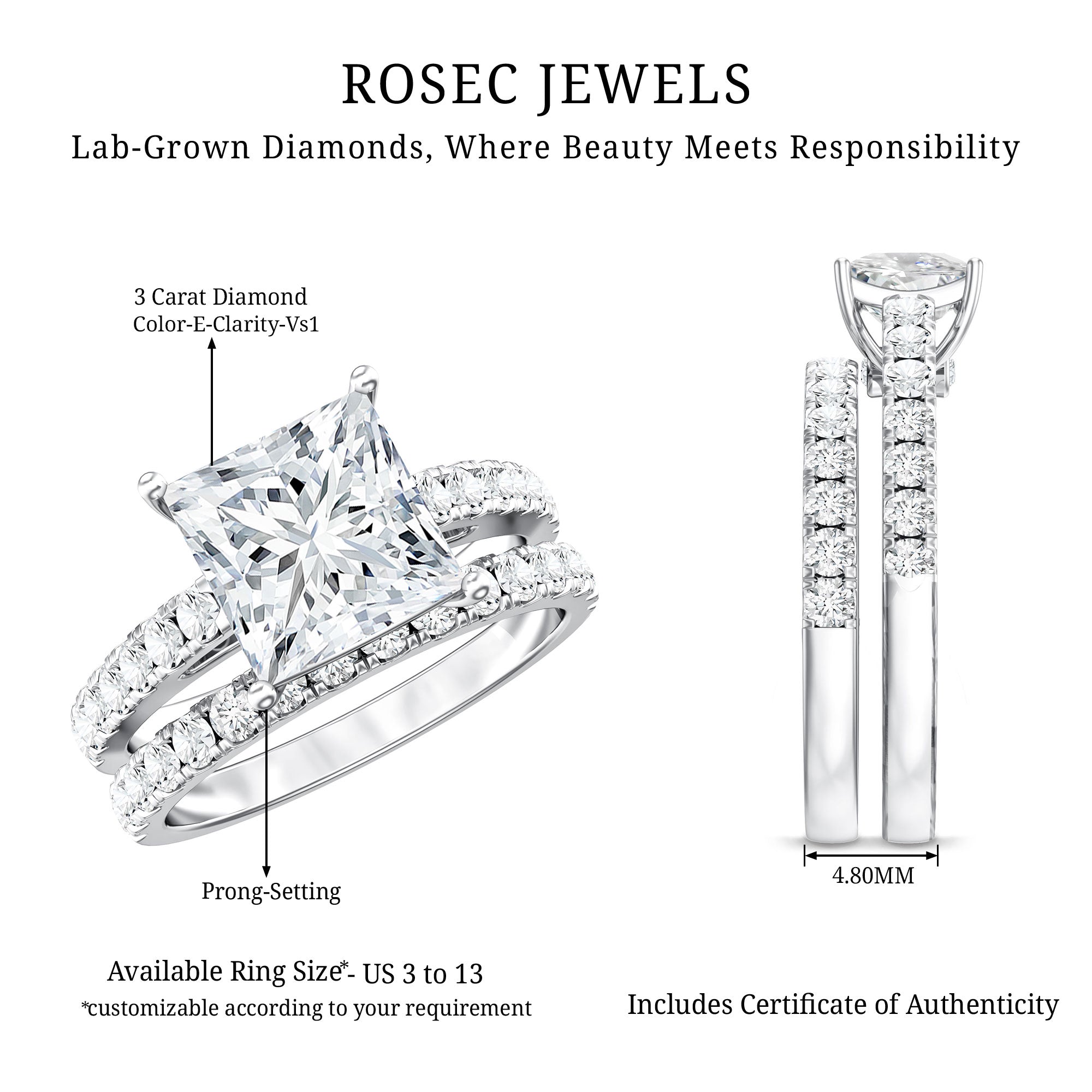 IGI Certified 3 Carat Princess Cut Lab Grown Diamond Wedding Ring Set Lab - ( E-VS1 ) - Rosec Jewels