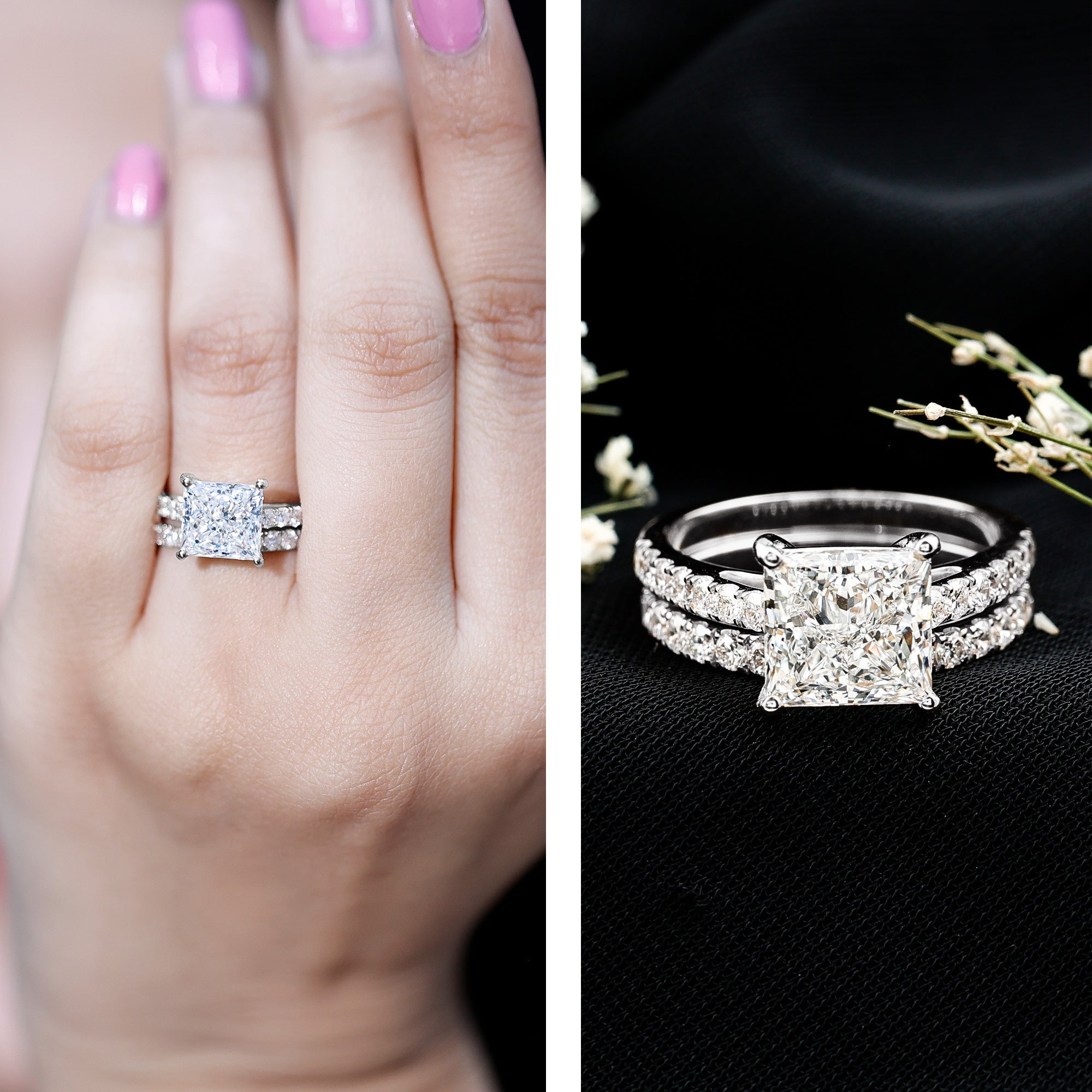 IGI Certified 4 Carat Princess Cut Lab Grown Diamond Engagement Ring With Wedding Band Lab - ( E-VS1 ) - Rosec Jewels