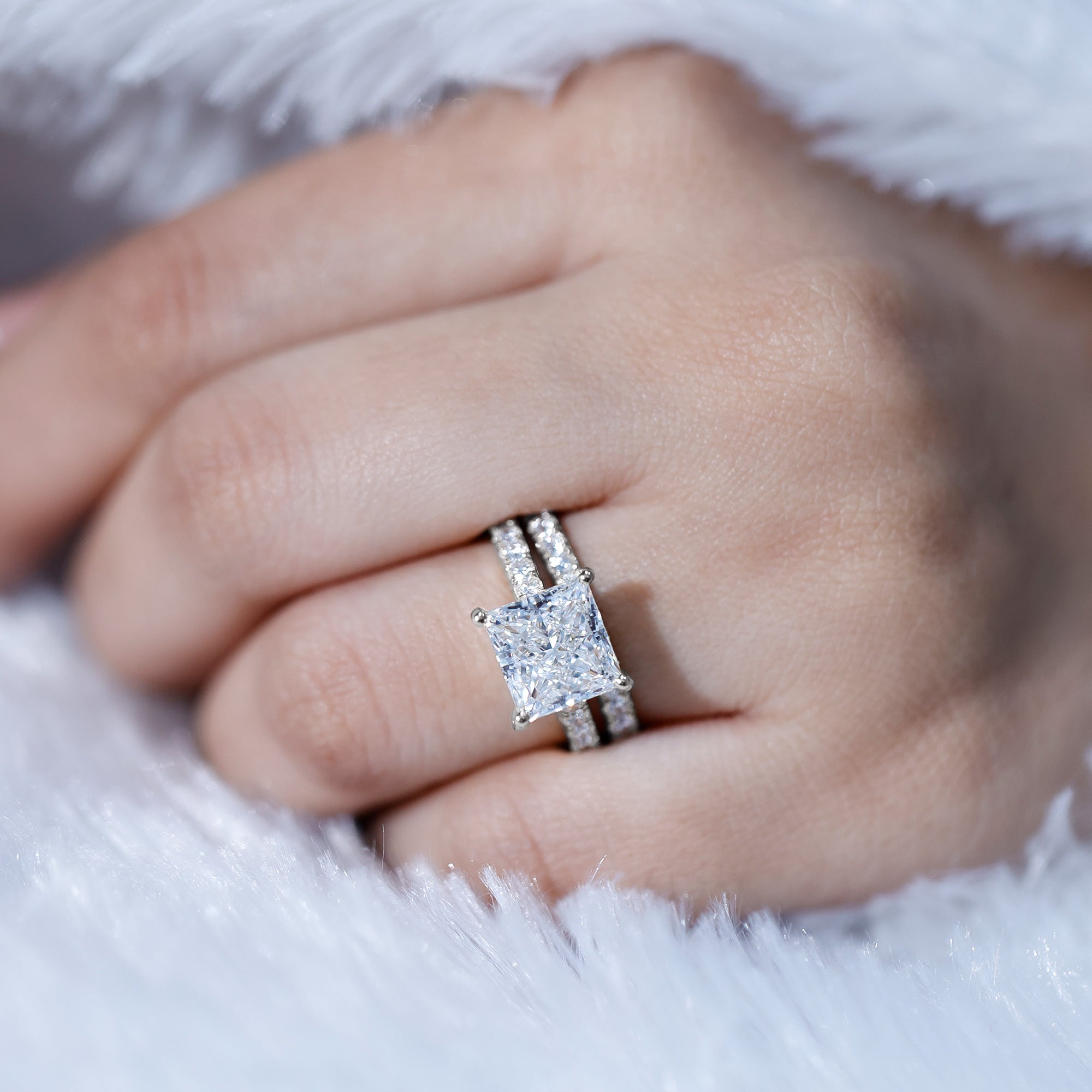IGI Certified 4 Carat Princess Cut Lab Grown Diamond Engagement Ring With Wedding Band Lab - ( E-VS1 ) - Rosec Jewels