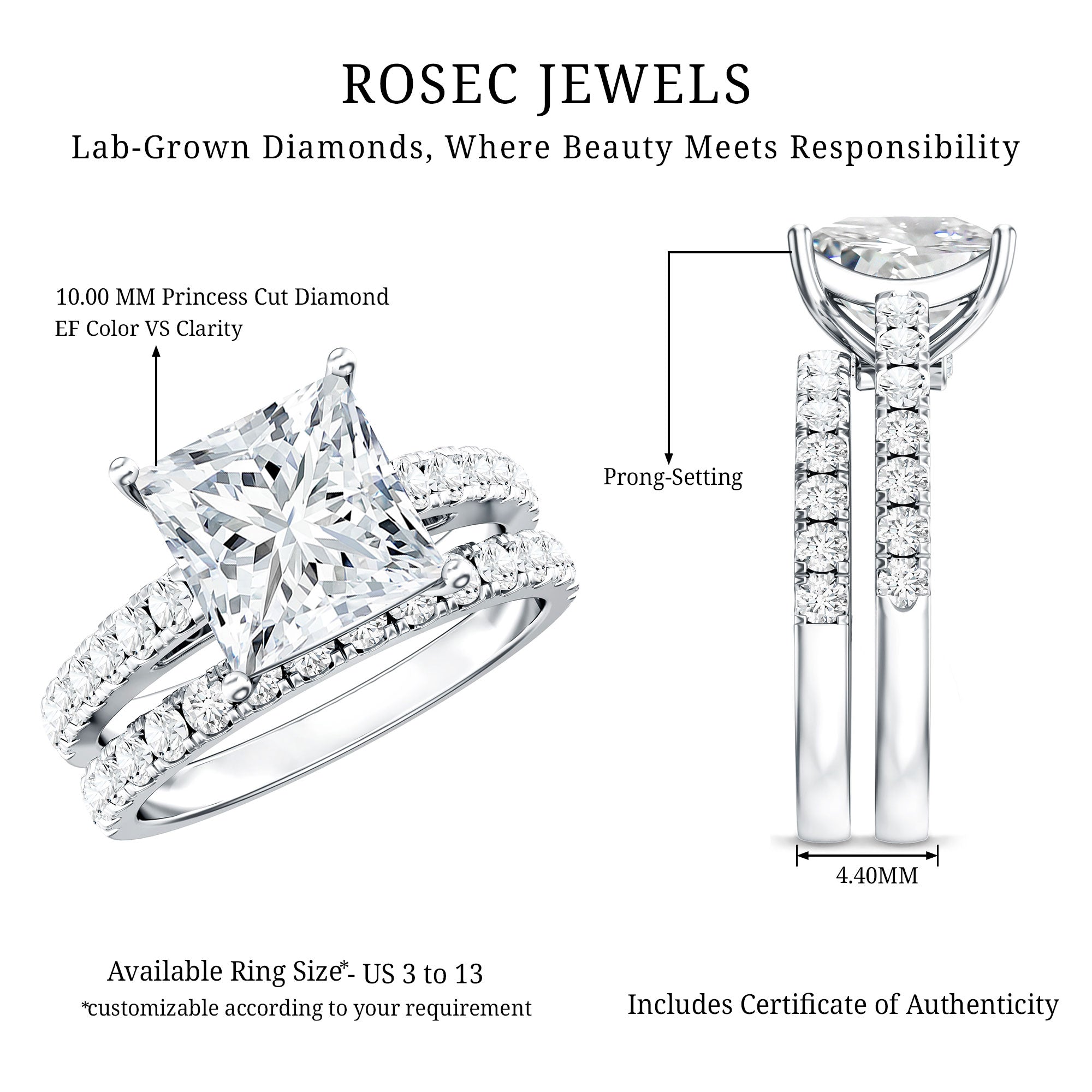 IGI Certified Huge 5 Carat Lab Grown Diamond Engagement Wedding Ring Set Lab - ( E-VS1 ) - Rosec Jewels