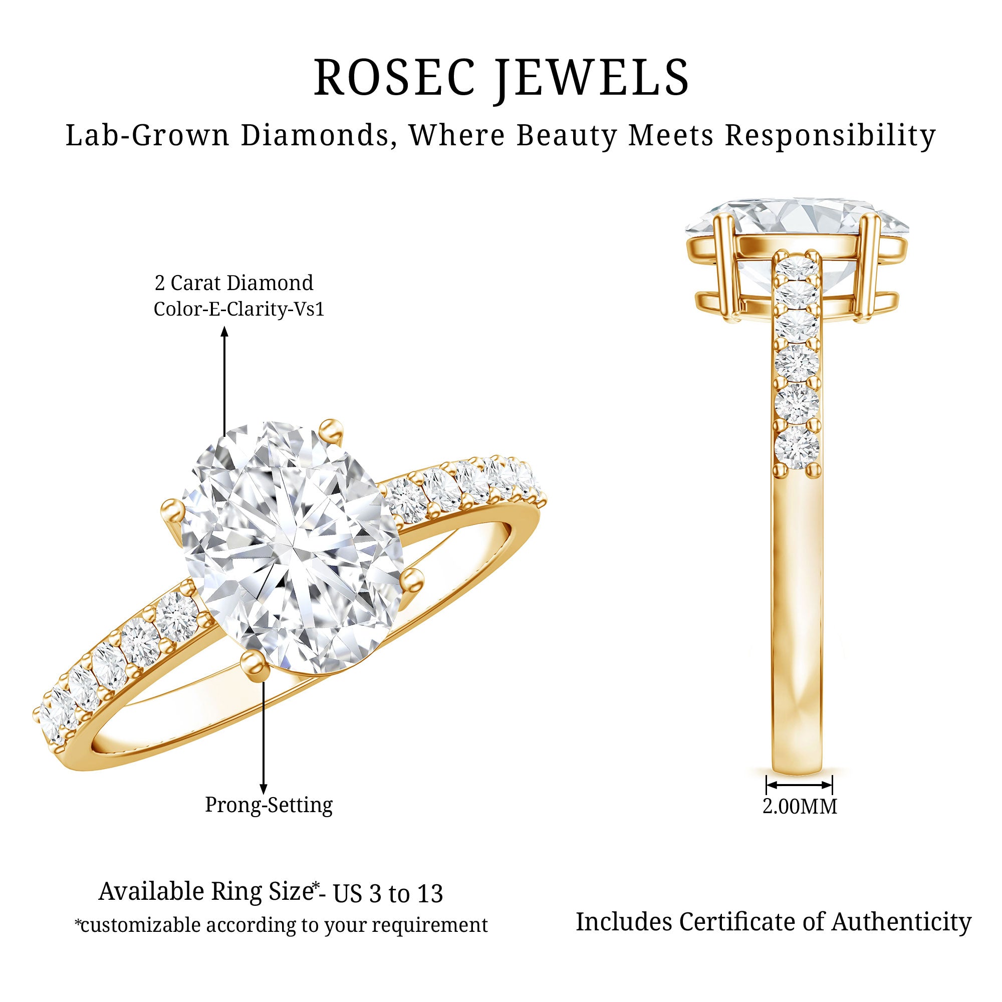 Lab Grown 2 Carat Diamond Oval Engagement Ring with IGI Certificate Lab - ( E-VS1 ) - Rosec Jewels