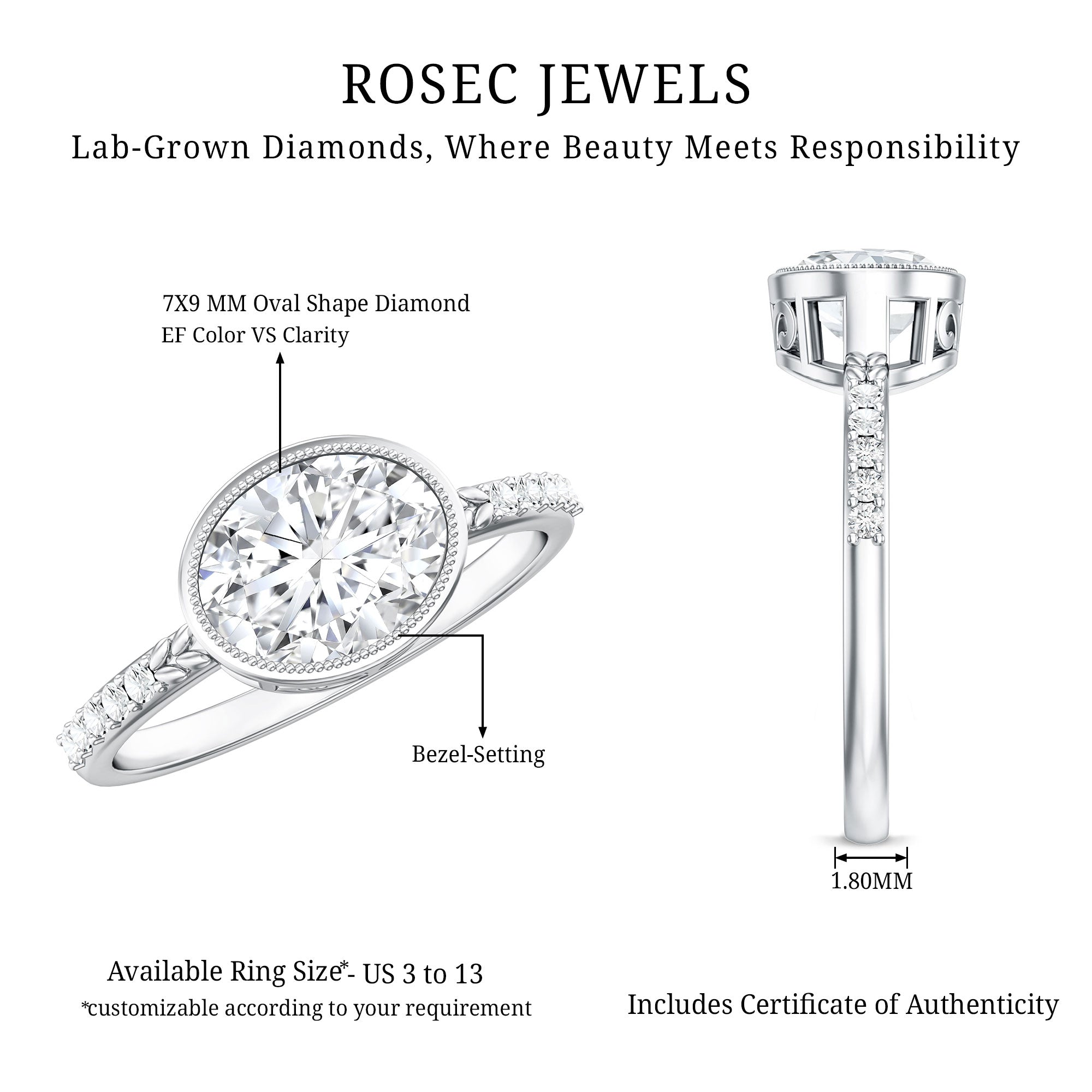 IGI Certified Lab Diamond Engagement Ring with 2 Carat Oval Lab - ( E-VS1 ) - Rosec Jewels