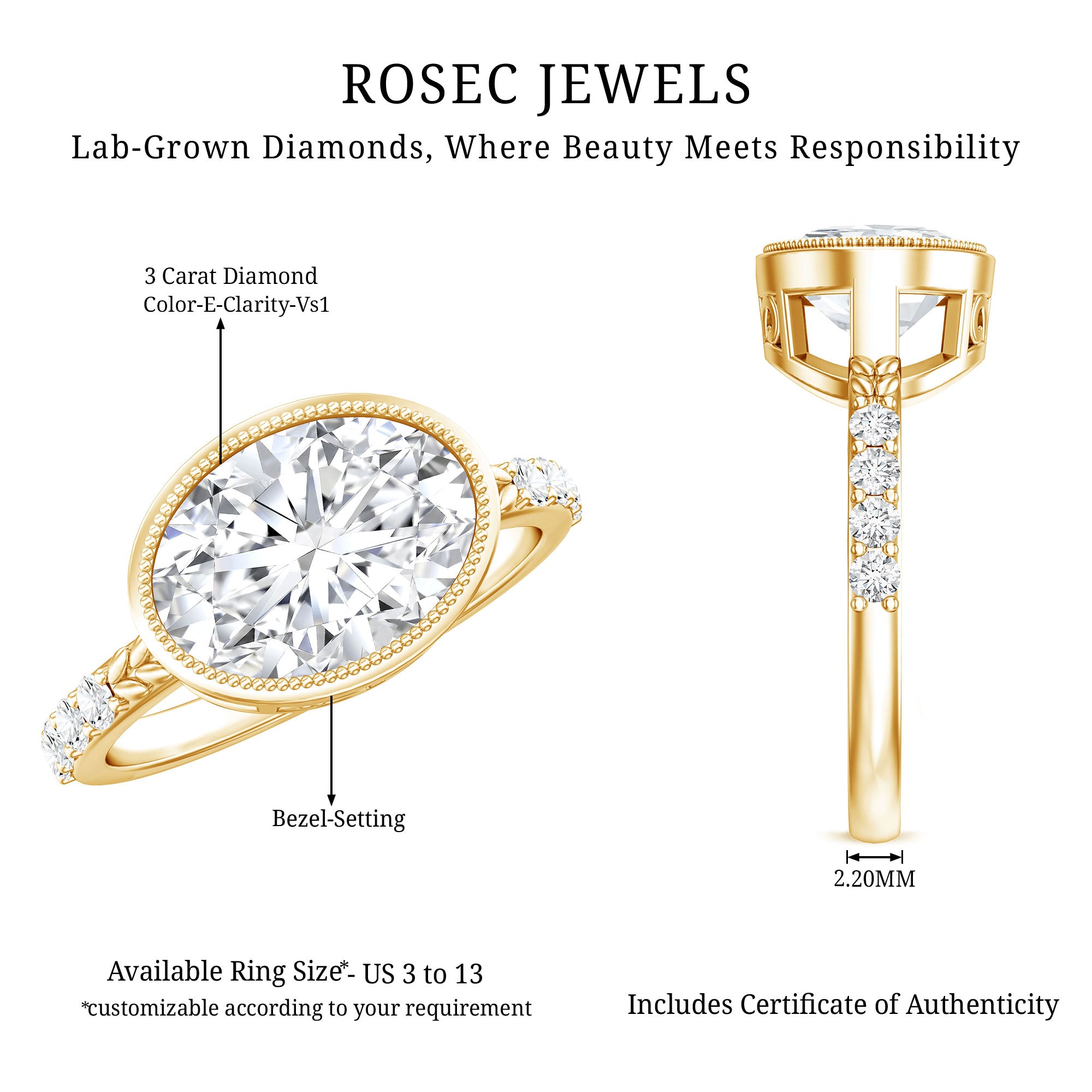 3 Carat Big Lab Grown Diamond Bezel Set Engagement Ring with IGI Certificate Lab - ( E-VS1 ) - Rosec Jewels