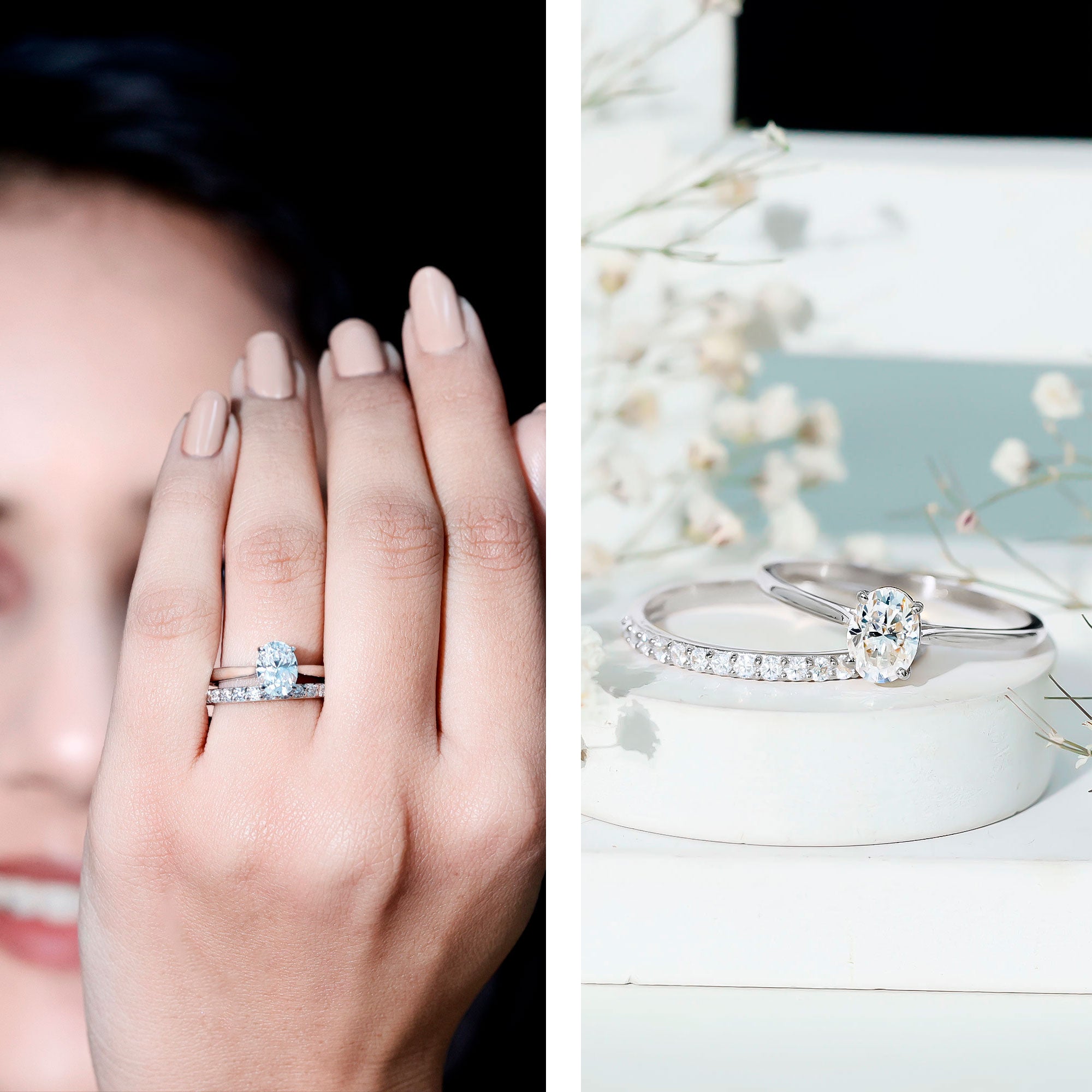 IGI Certified Lab Grown Diamond Oval Engagement Ring with Wedding Band Lab - ( E-VS1 ) - Rosec Jewels