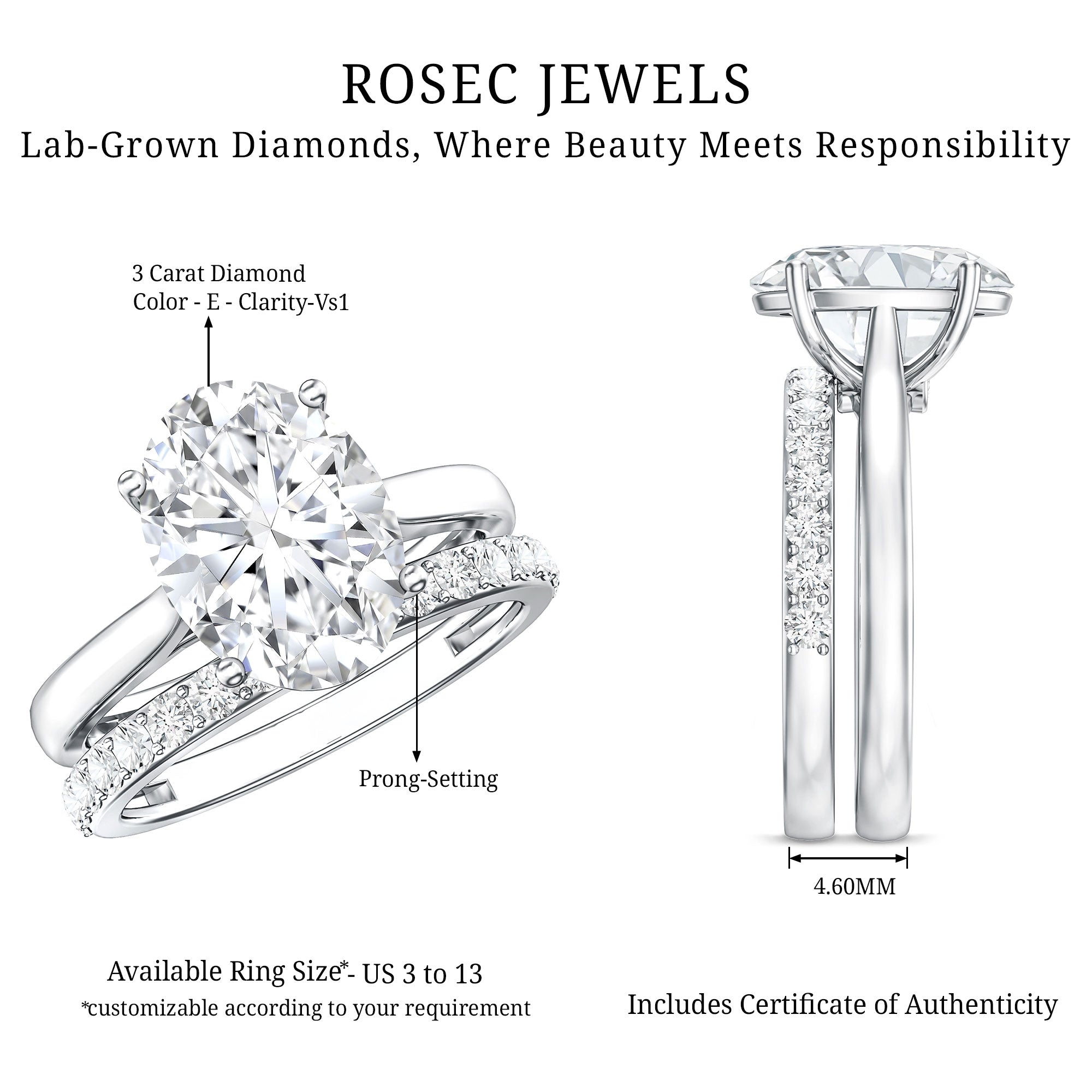 Oval Shaped 3 Carat Lab Grown Diamond Solitaire Bridal Ring Set with IGI Certificate Lab - ( E-VS1 ) - Rosec Jewels
