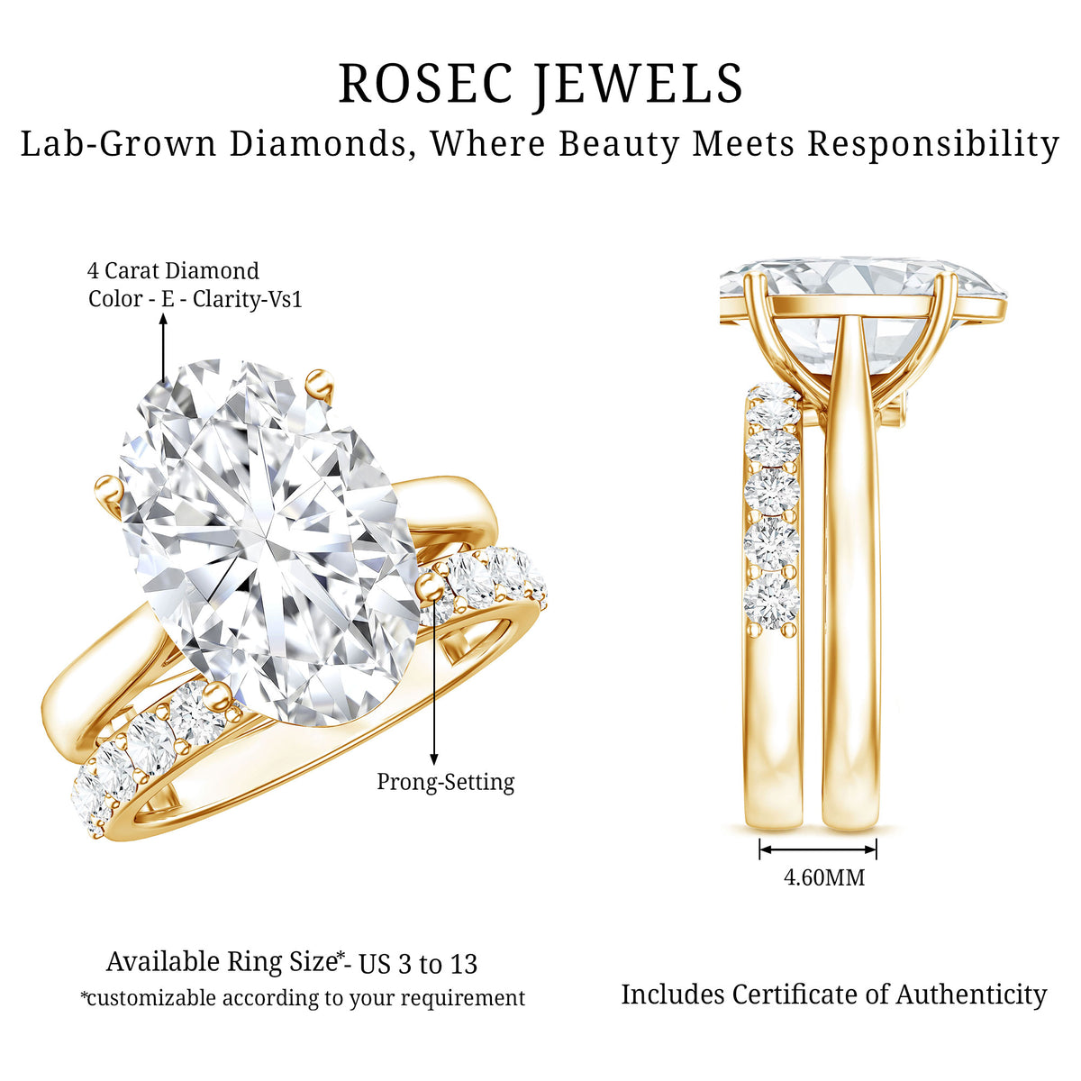 IGI Certified 4 Carat Lab Grown Diamond Oval Wedding Ring Set for Women Lab - ( E-VS1 ) - Rosec Jewels