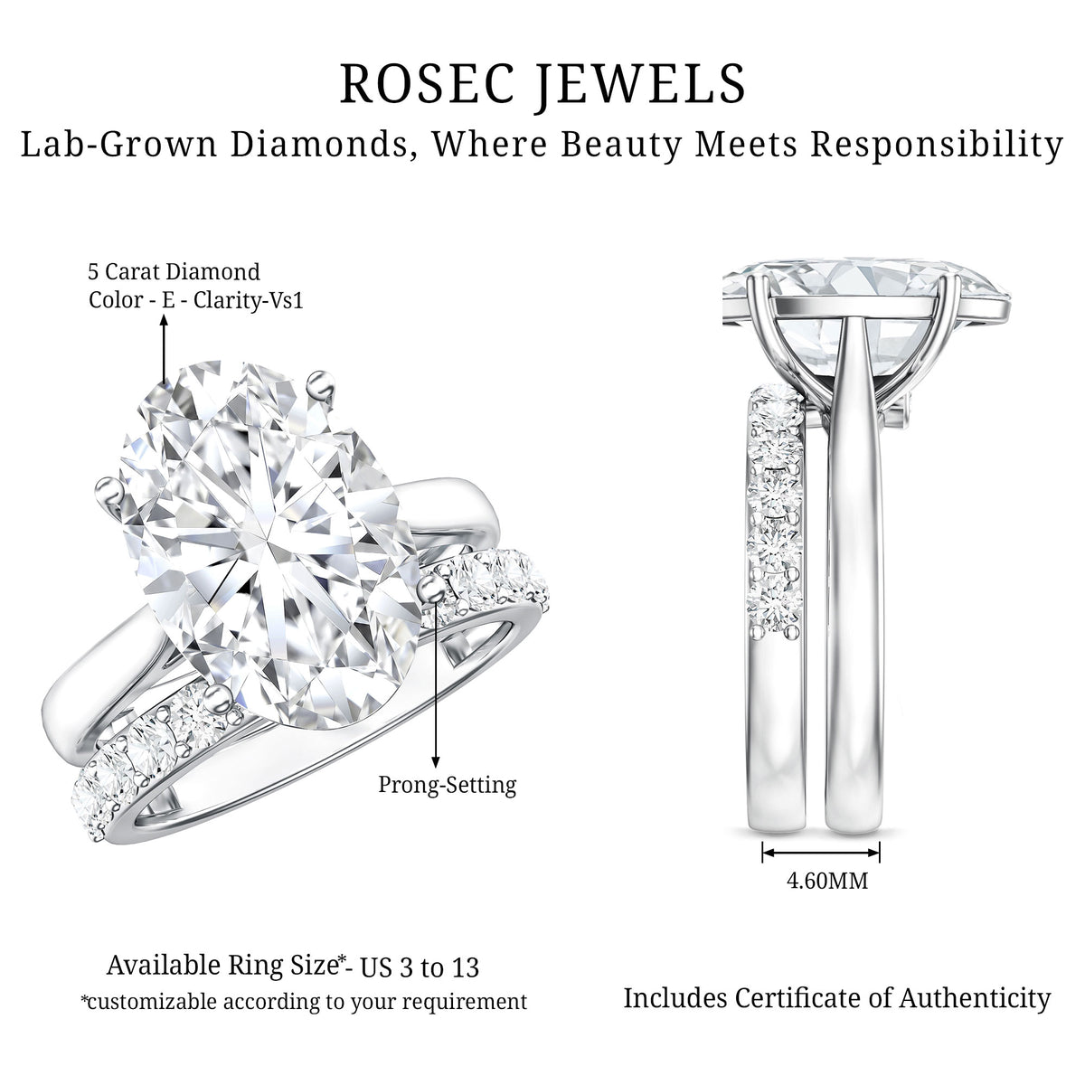 IGI Certified 5 Carat Huge Lab Grown Diamond Oval Engagement Ring with Wedding Band Lab - ( E-VS1 ) - Rosec Jewels