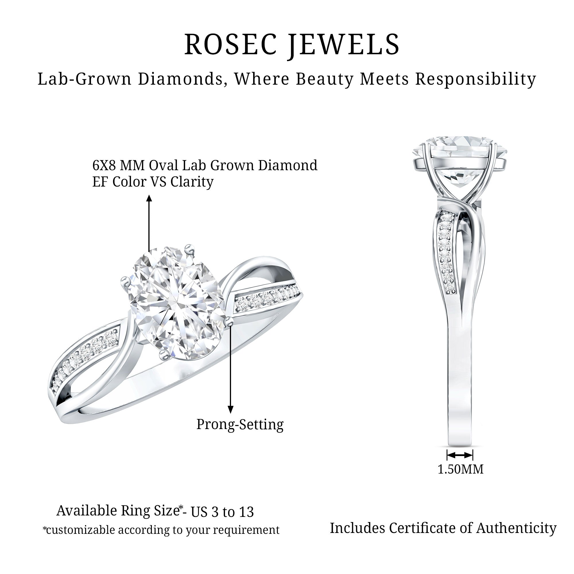 1 Carat Oval Lab Grown Diamond Ethically Sourced Engagement Ring for Women Lab - ( EF-VS ) - Rosec Jewels