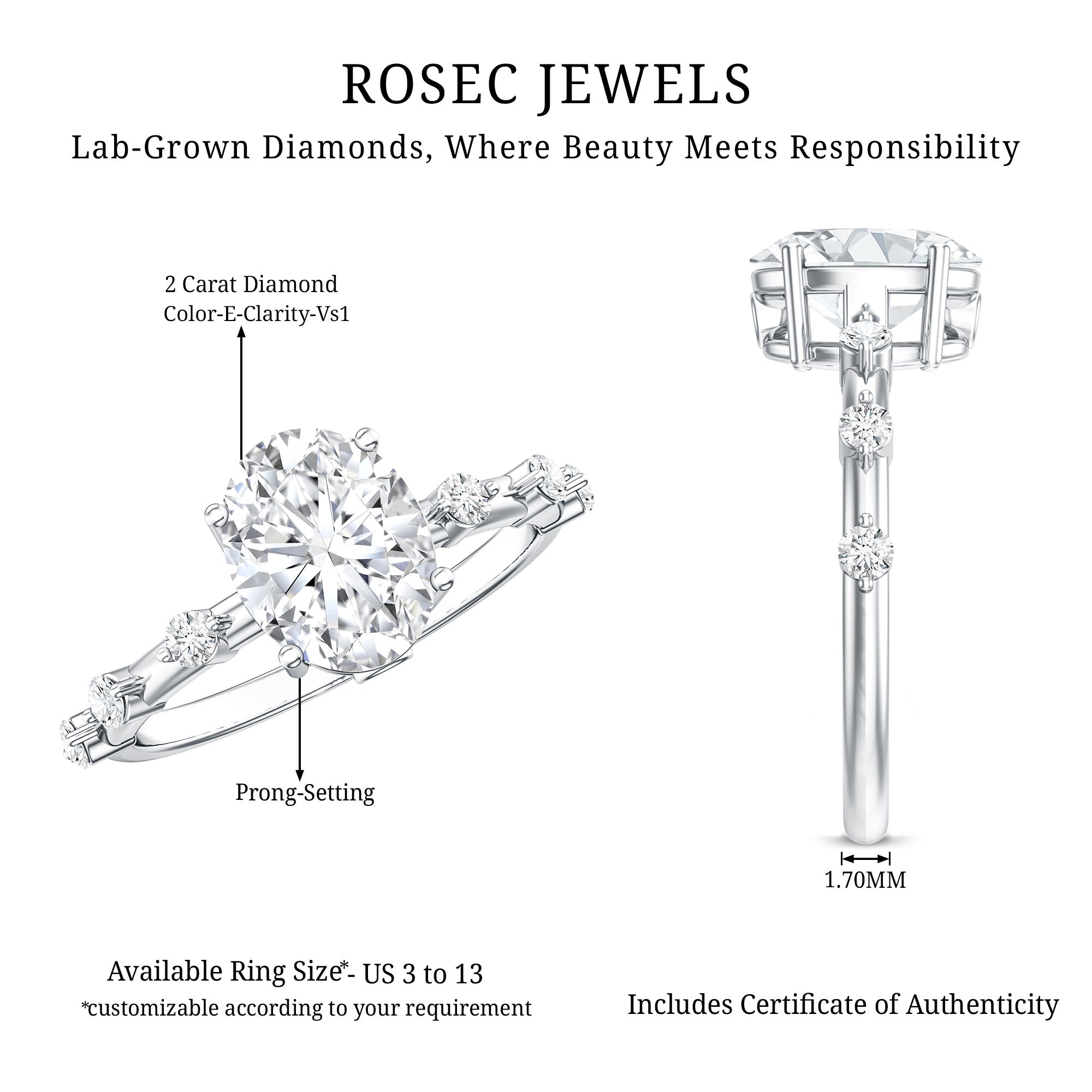 IGI Certified 2 Carat Lab Grown Diamond Oval Engagement Ring with Spaced Accent Lab - ( E-VS1 ) - Rosec Jewels