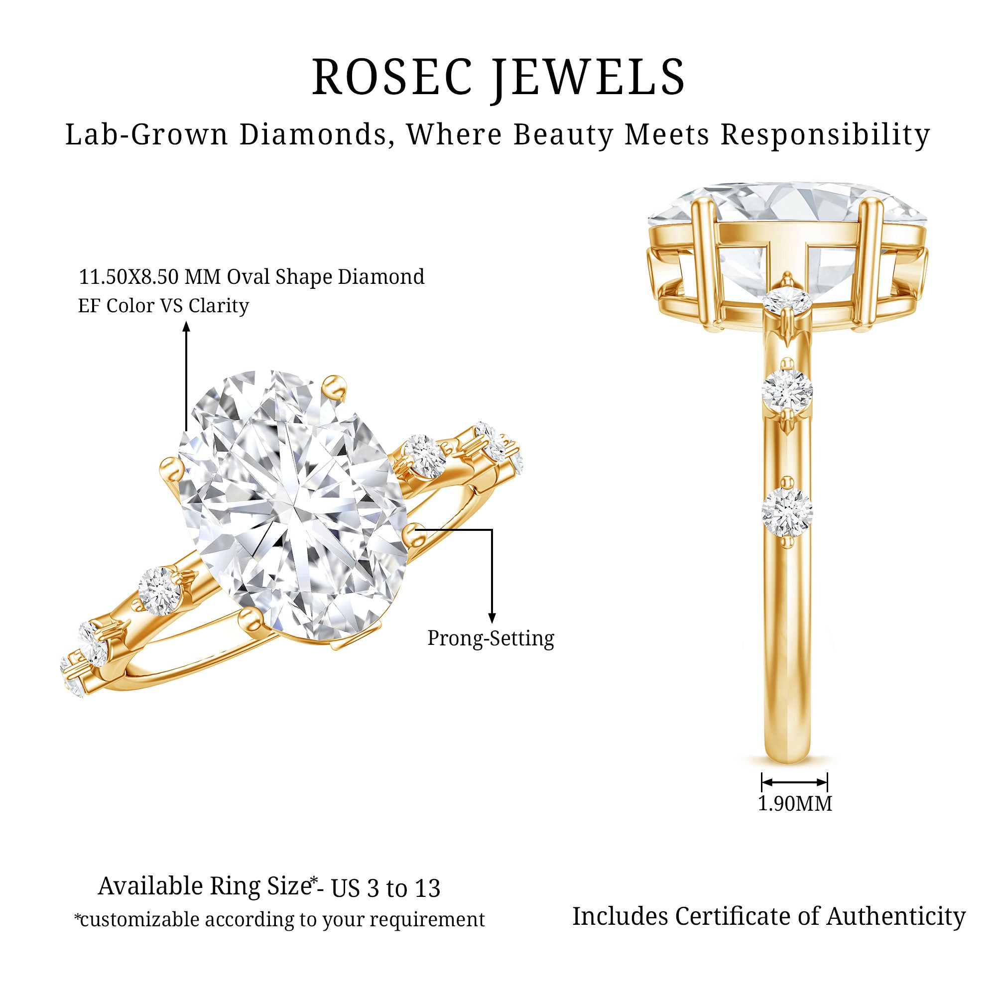 3 Carat Oval Lab Grown Diamond Solitaire Engagement Ring with IGI Certificate Lab - ( E-VS1 ) - Rosec Jewels