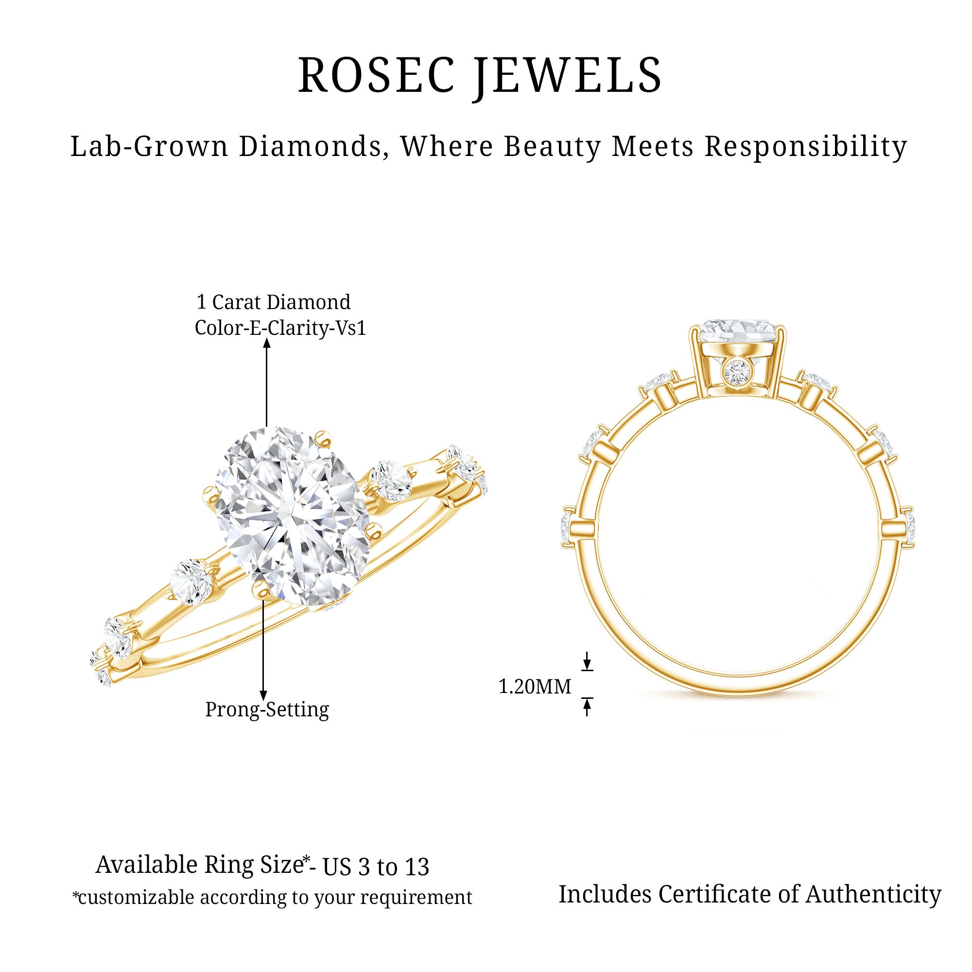 IGI Certified 1 Carat Oval Lab Grown Diamond Engagement Ring with Spaced Accent Lab - ( E-VS1 ) - Rosec Jewels