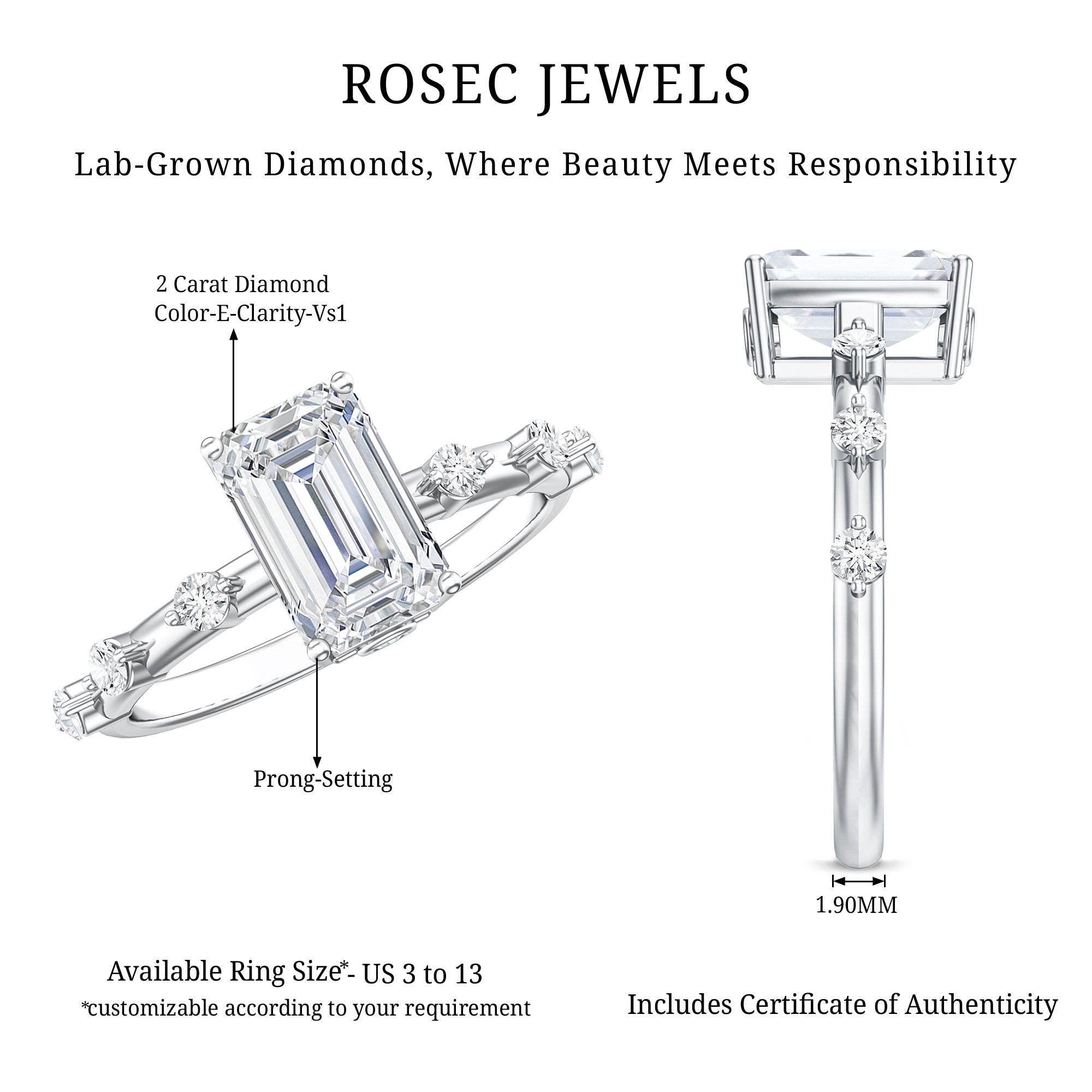 Emerald Cut 2 Carat Lab Grown Diamond Engagement Ring IGI Certified Lab - ( E-VS1 ) - Rosec Jewels