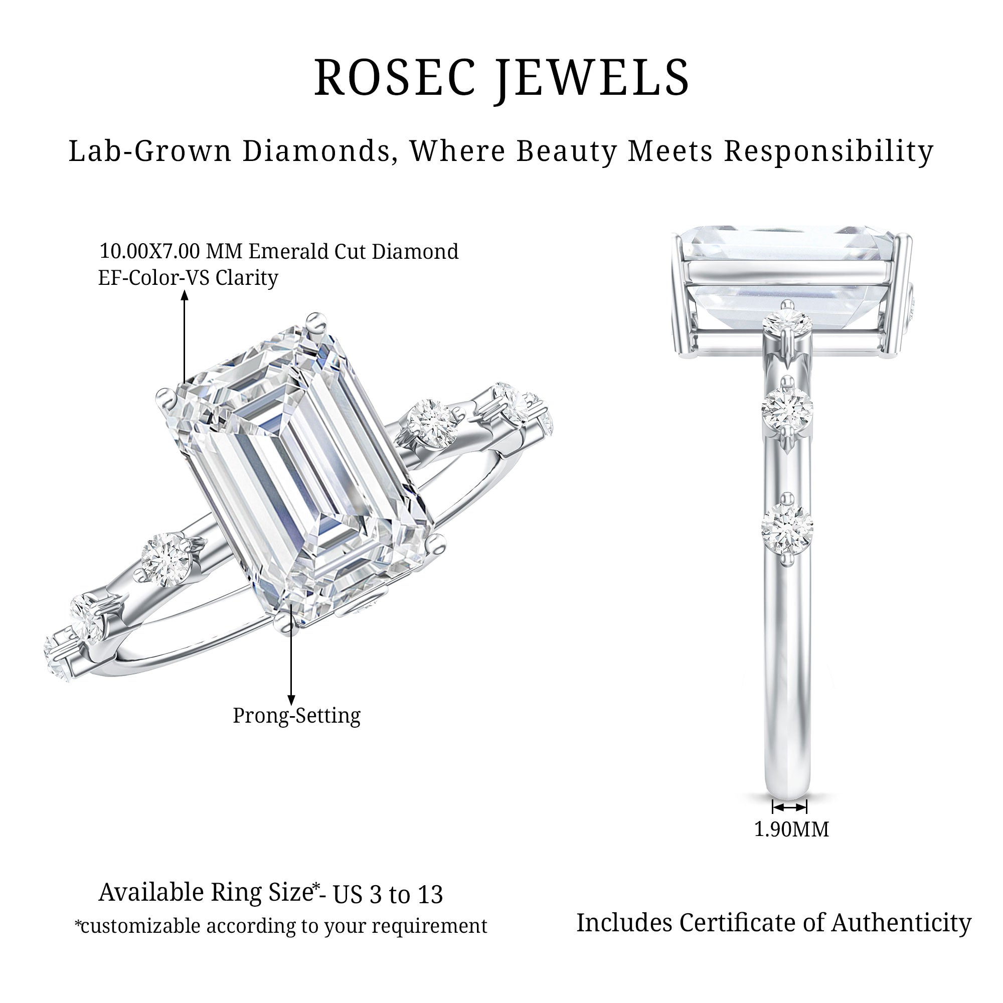 IGI Certified 3 Carat Emerald Cut Lab Grown Diamond Engagement Ring Lab - ( E-VS1 ) - Rosec Jewels