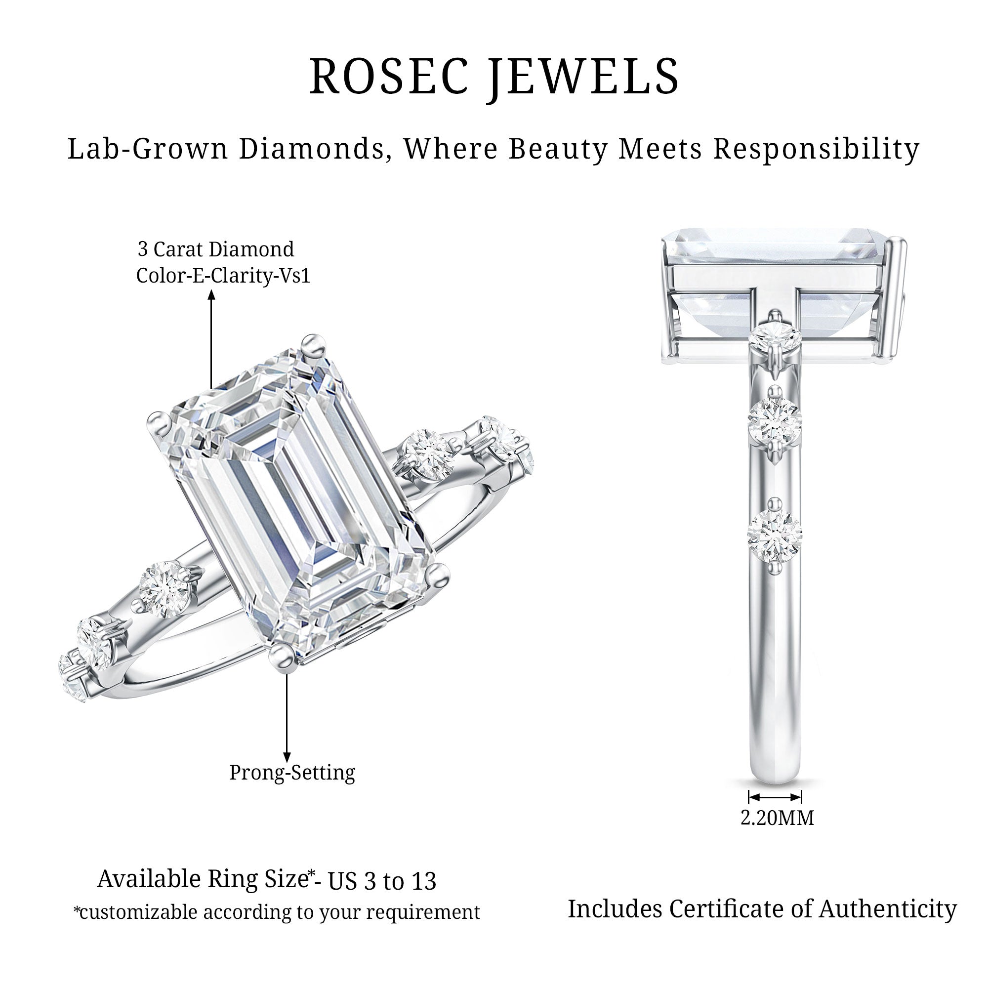 IGI Certified 3 Carat Emerald Cut Lab Grown Diamond Engagement Ring Lab - ( E-VS1 ) - Rosec Jewels