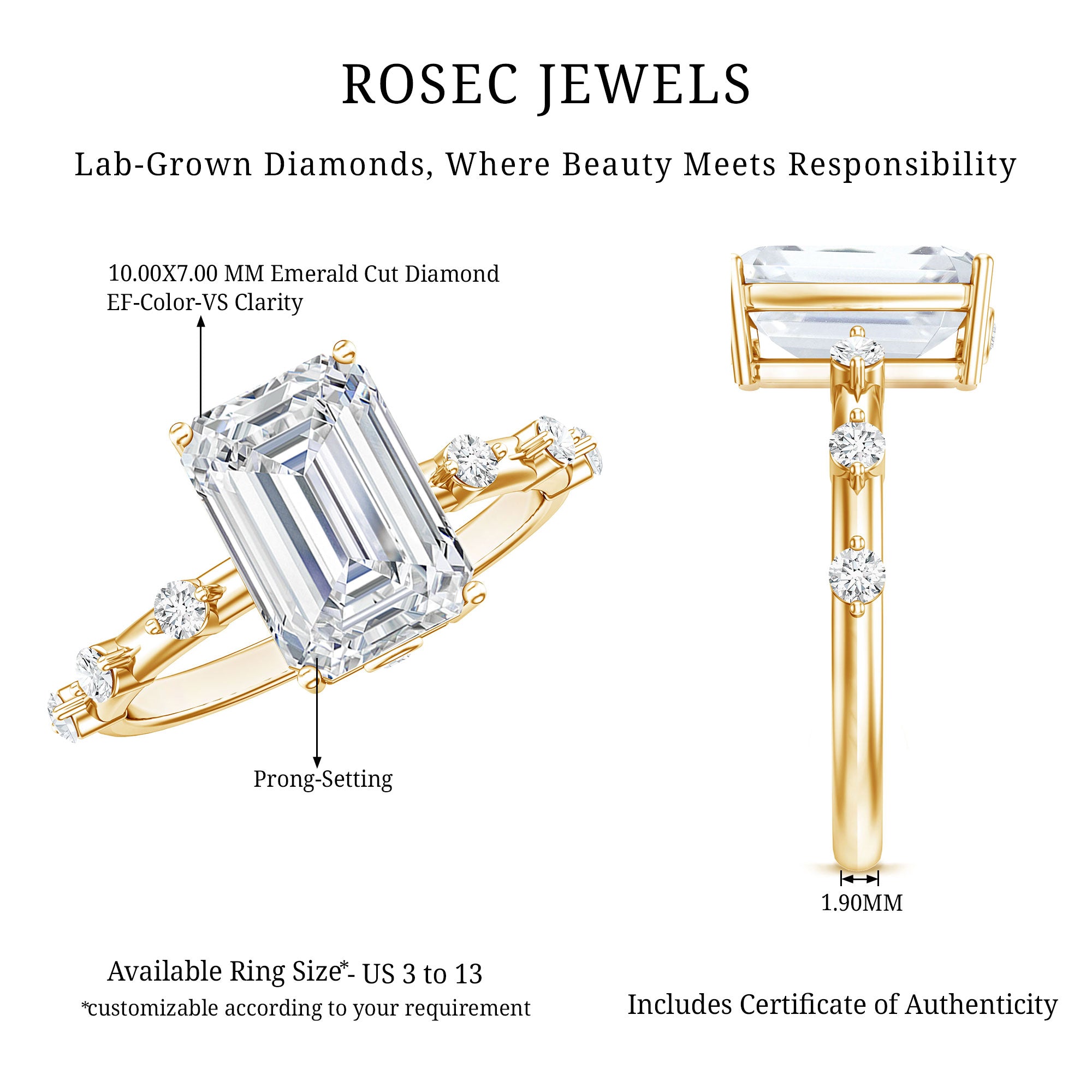 IGI Certified 3 Carat Emerald Cut Lab Grown Diamond Engagement Ring Lab - ( E-VS1 ) - Rosec Jewels