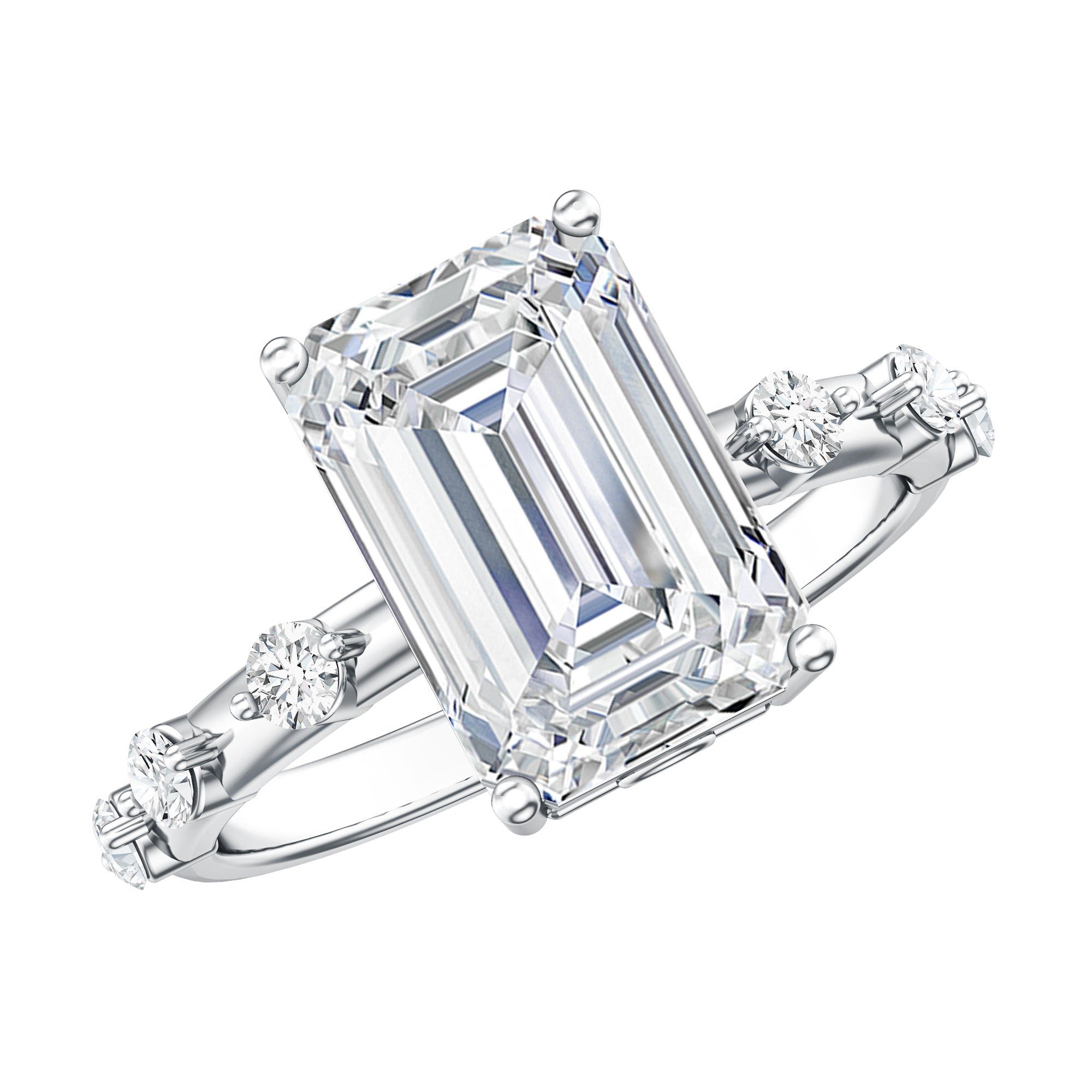 IGI Certified 4 Carat Lab Grown Emerald Cut Diamond Engagement Ring with Spaced Accent Lab - ( EF-VS ) - Rosec Jewels