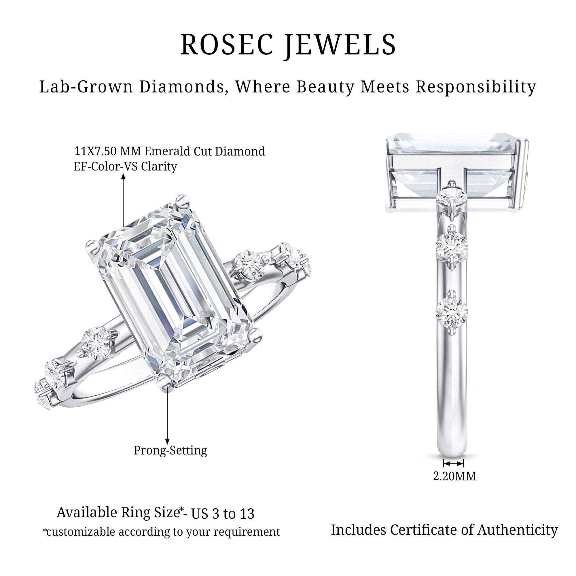IGI Certified 4 Carat Lab Grown Emerald Cut Diamond Engagement Ring with Spaced Accent Lab - ( EF-VS ) - Rosec Jewels