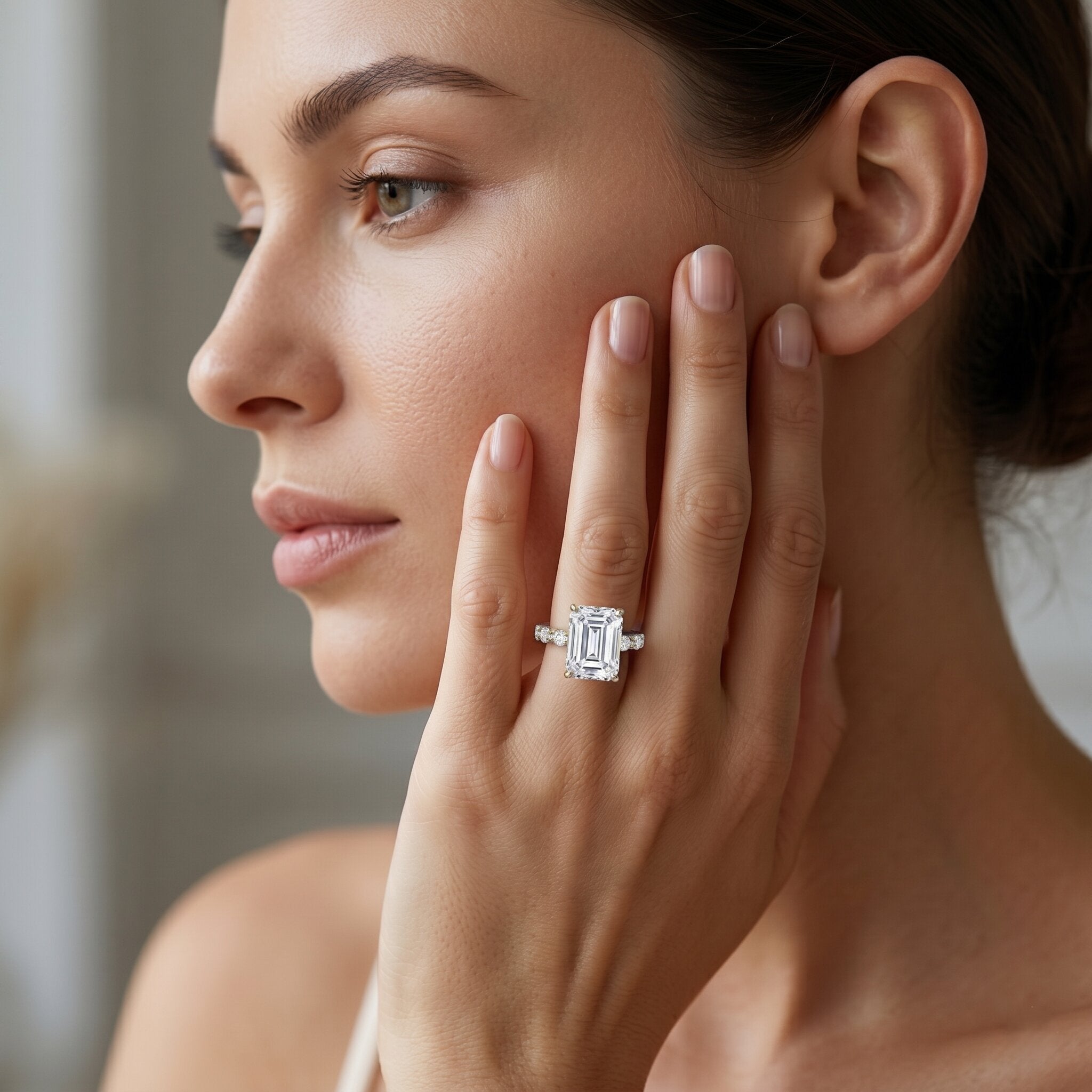 IGI Certified 4 Carat Lab Grown Emerald Cut Diamond Engagement Ring with Spaced Accent Lab - ( EF-VS ) - Rosec Jewels