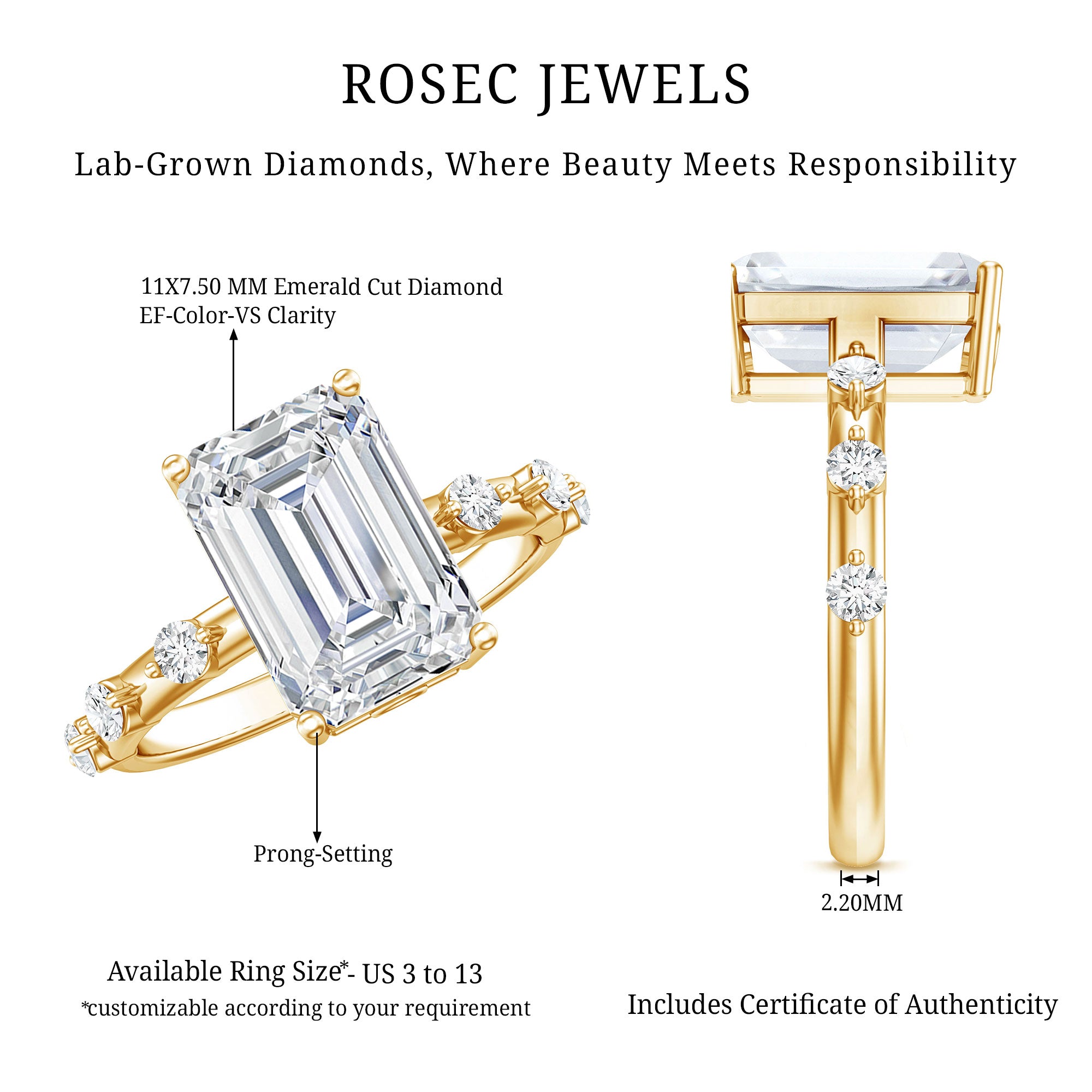 IGI Certified 4 Carat Lab Grown Emerald Cut Diamond Engagement Ring with Spaced Accent Lab - ( EF-VS ) - Rosec Jewels