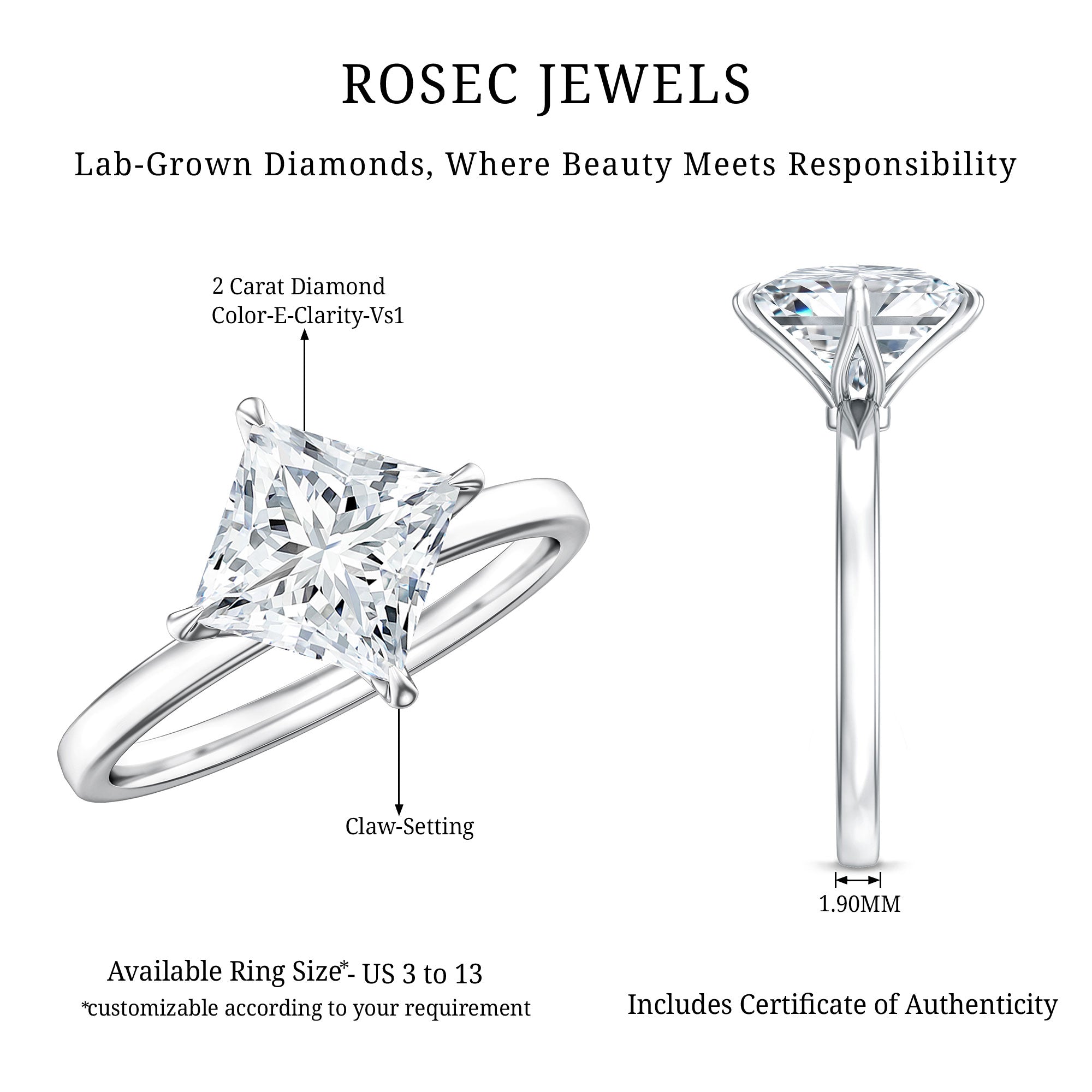 Solitaire 2 Carat Lab Grown Diamond Princess Cut Engagement Ring IGI Certified Lab - ( E-VS1 ) - Rosec Jewels