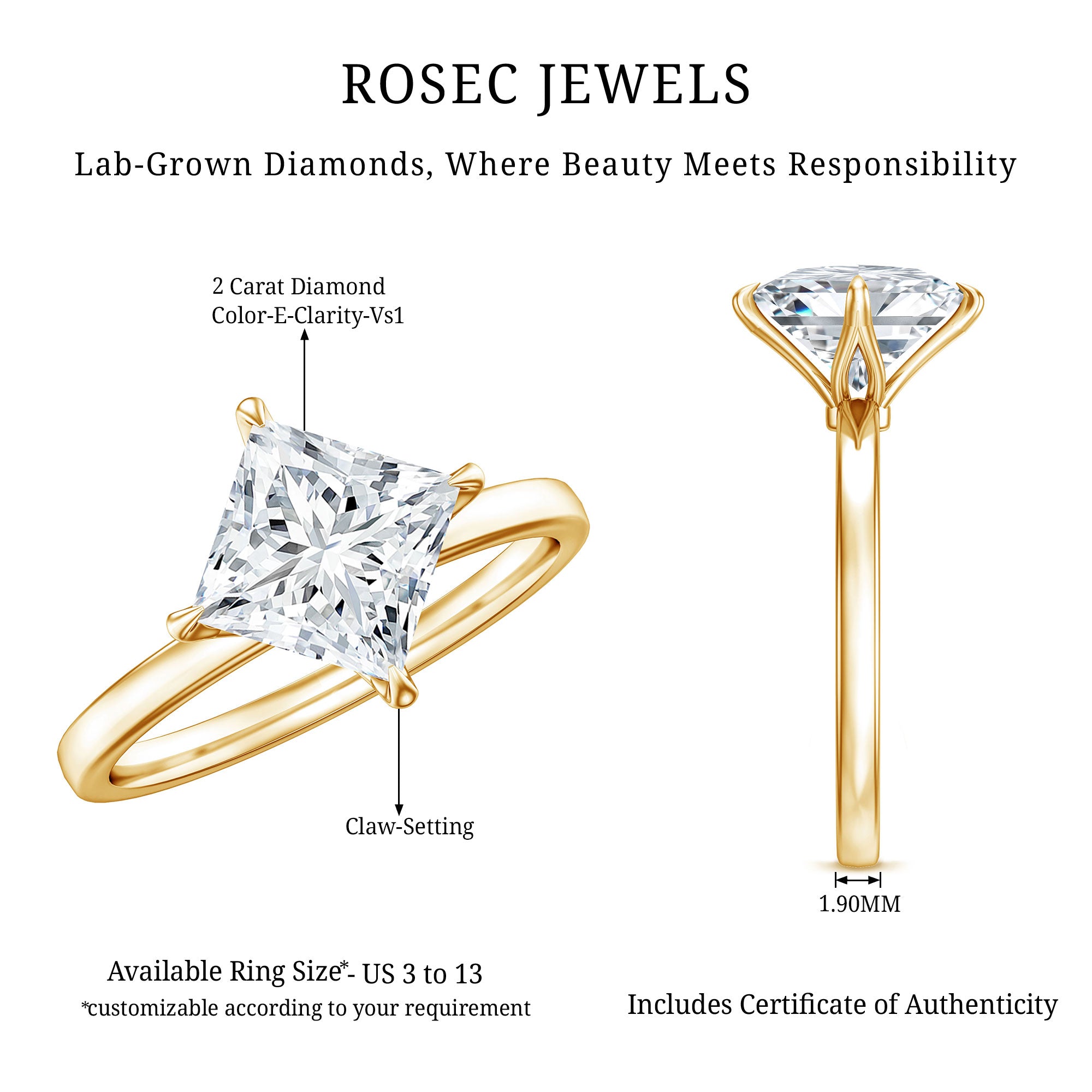 Solitaire 2 Carat Lab Grown Diamond Princess Cut Engagement Ring IGI Certified Lab - ( E-VS1 ) - Rosec Jewels