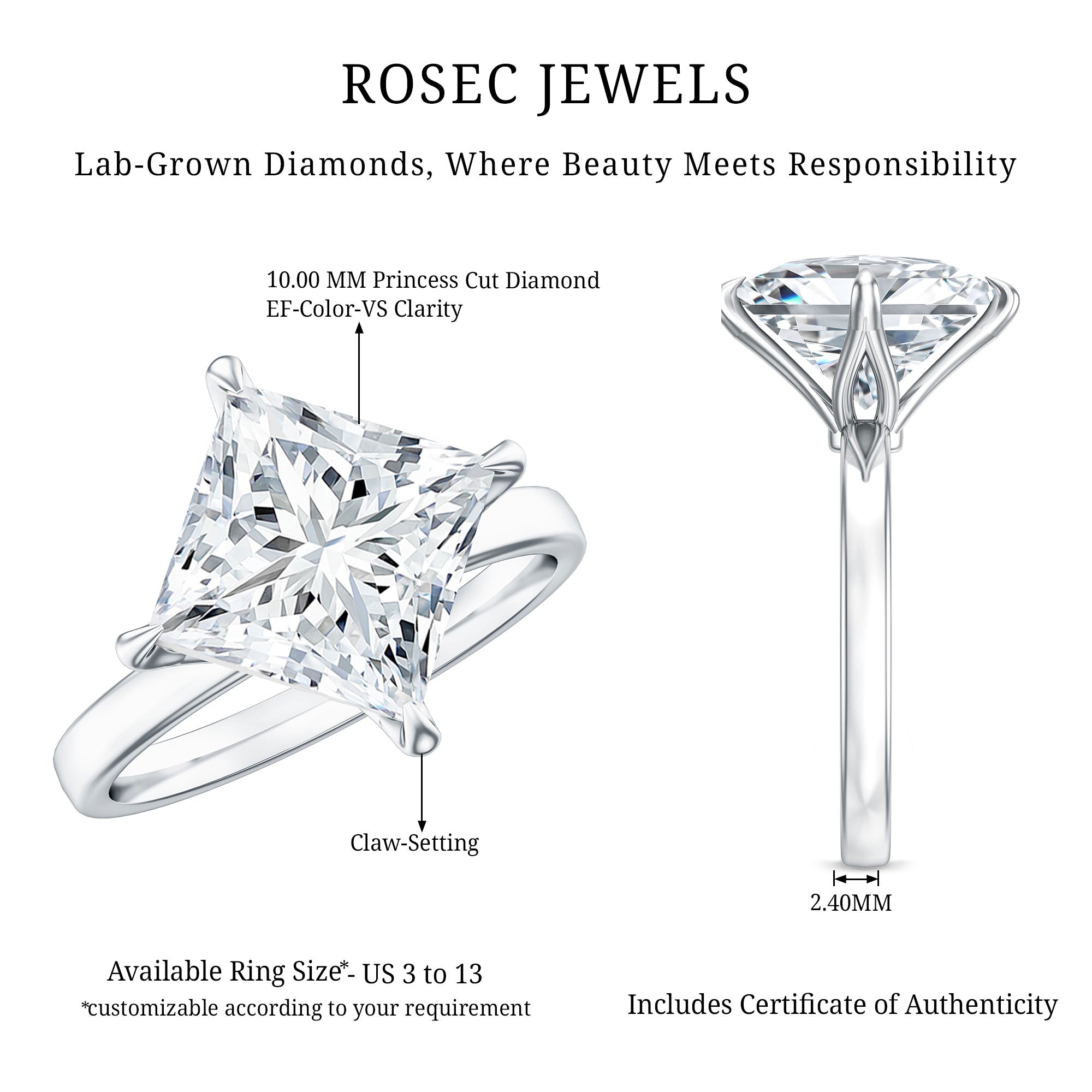 Solitaire 5 Carat Princess Cut Lab Grown Diamond Huge Engagement Ring with IGI Certificate Lab - ( E-VS1 ) - Rosec Jewels