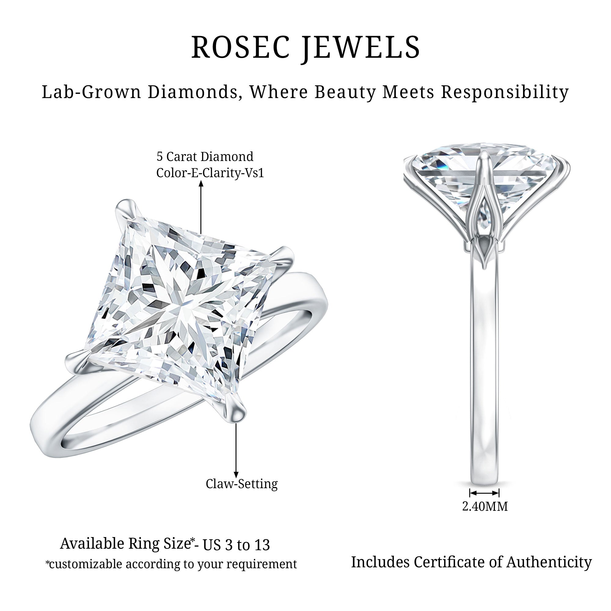 Solitaire 5 Carat Princess Cut Lab Grown Diamond Huge Engagement Ring with IGI Certificate Lab - ( E-VS1 ) - Rosec Jewels
