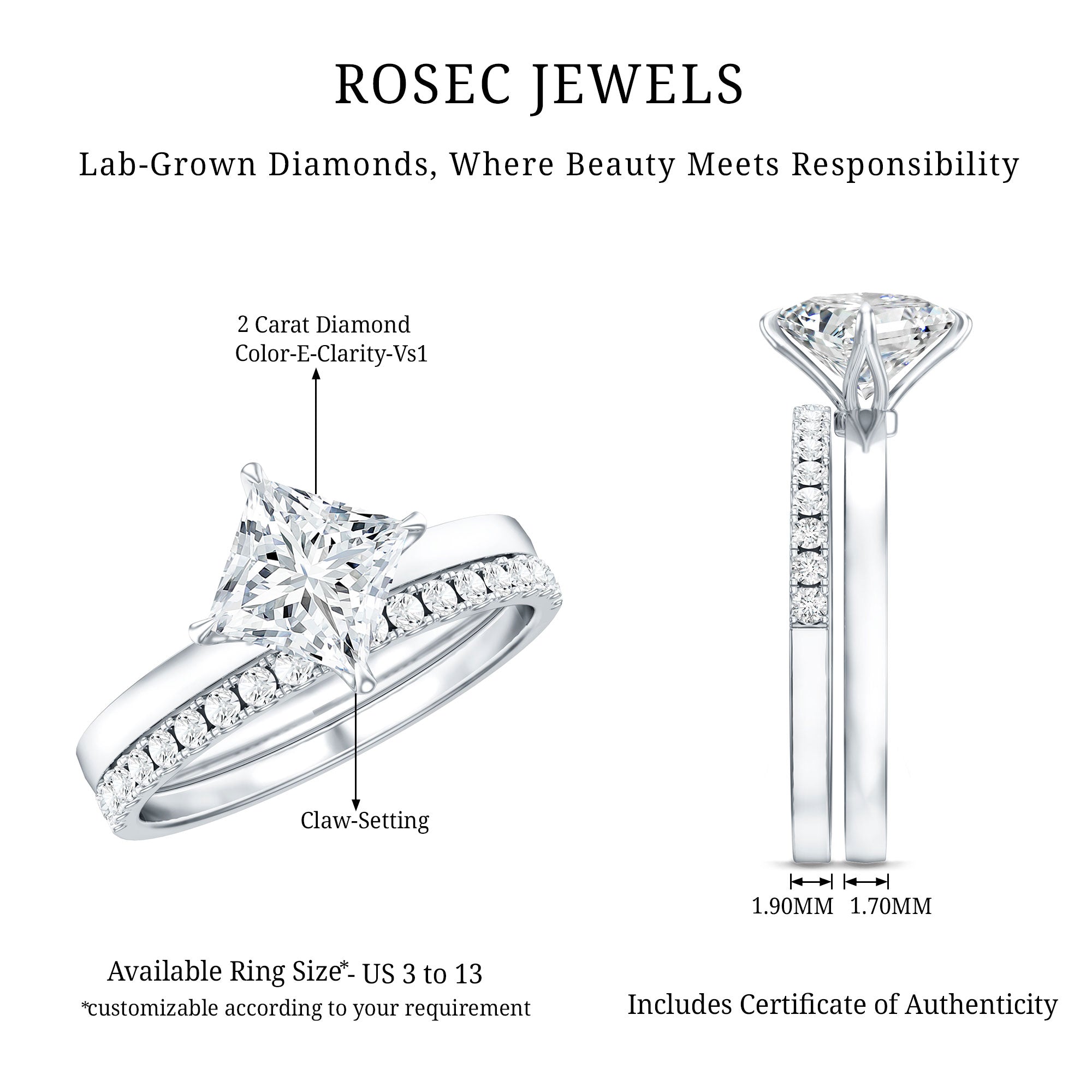 IGI Certified 2 Carat Lab Grown Diamond Princess Cut Bridal Ring Set for Her Lab - ( E-VS1 ) - Rosec Jewels