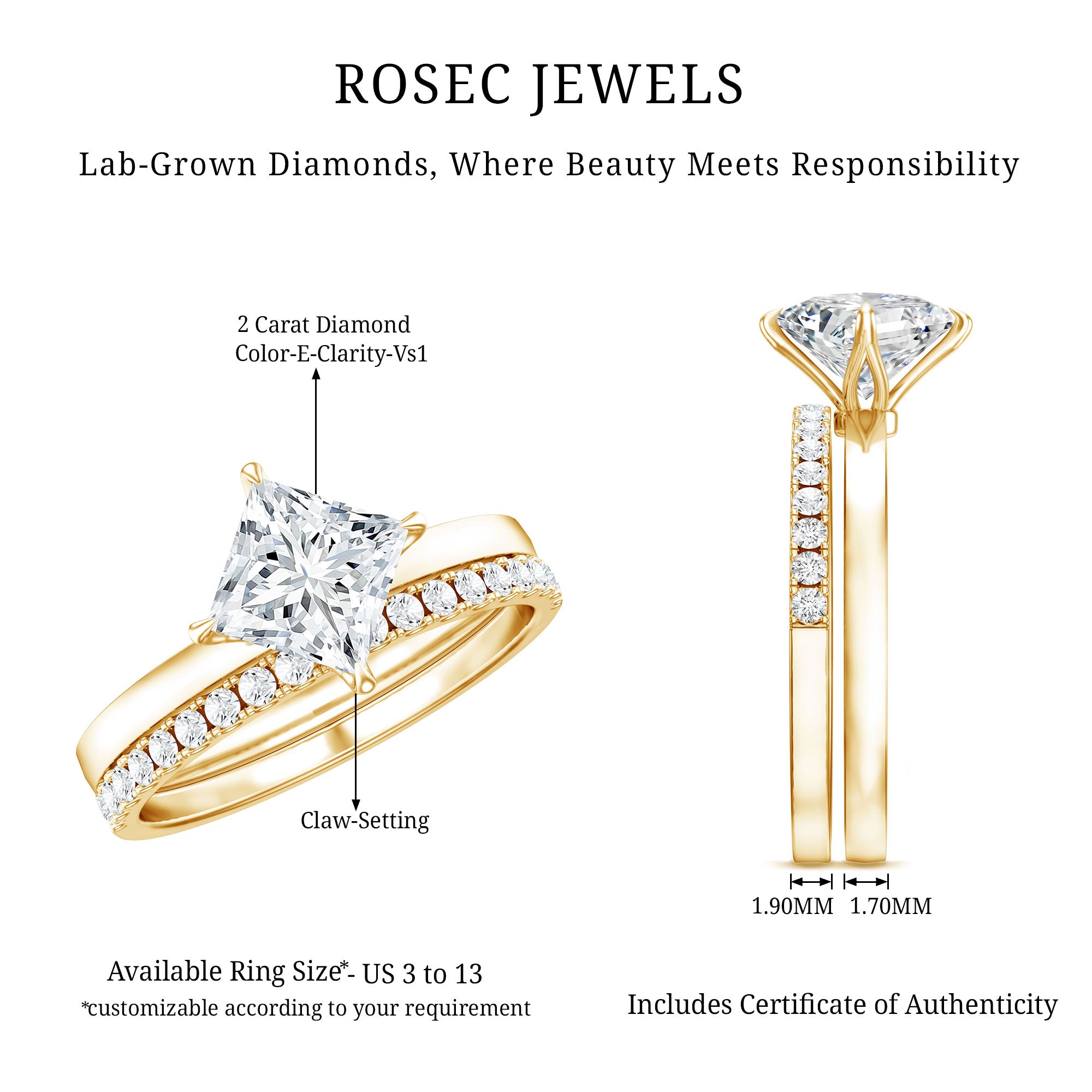 IGI Certified 2 Carat Lab Grown Diamond Princess Cut Bridal Ring Set for Her Lab - ( E-VS1 ) - Rosec Jewels
