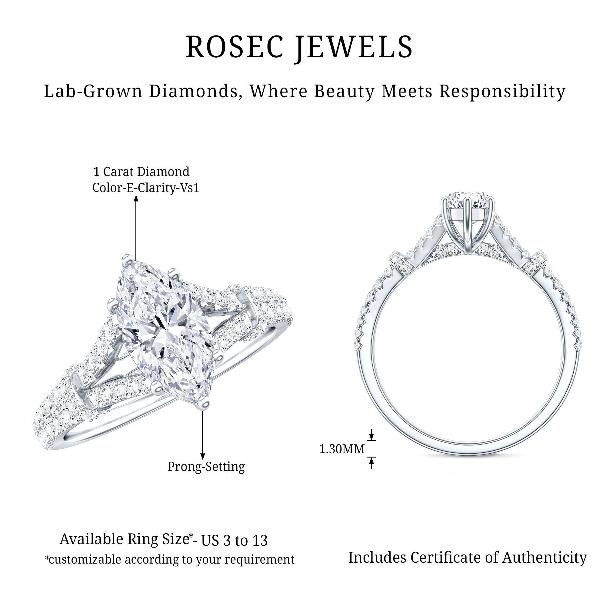 1 Carat Marquise Cut Lab Grown Diamond Split Shank Engagement Ring with IGI Certificate Lab - ( E-VS1 ) - Rosec Jewels