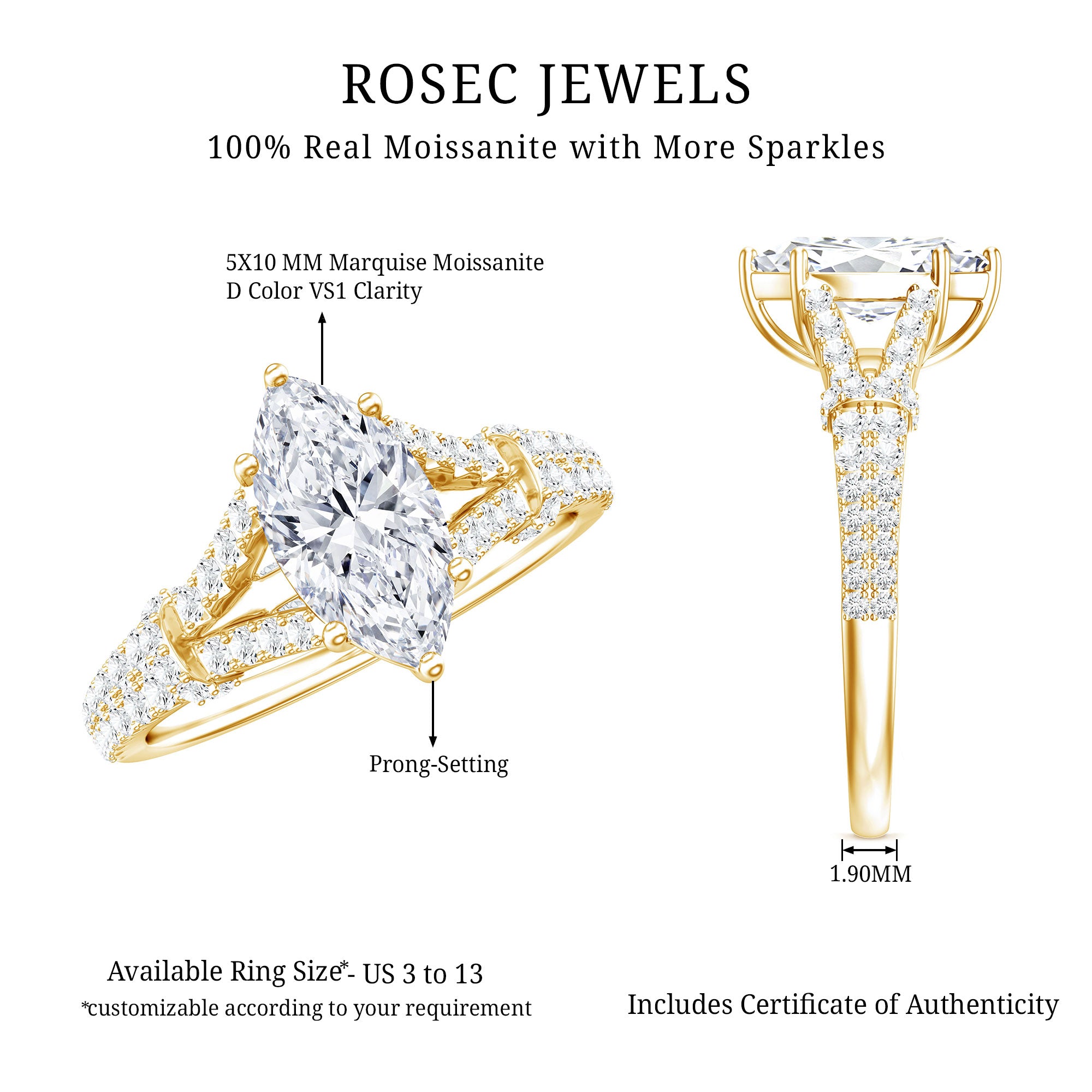 1 Carat Marquise Cut Lab Grown Diamond Split Shank Engagement Ring with IGI Certificate Lab - ( EF-VS ) - Rosec Jewels