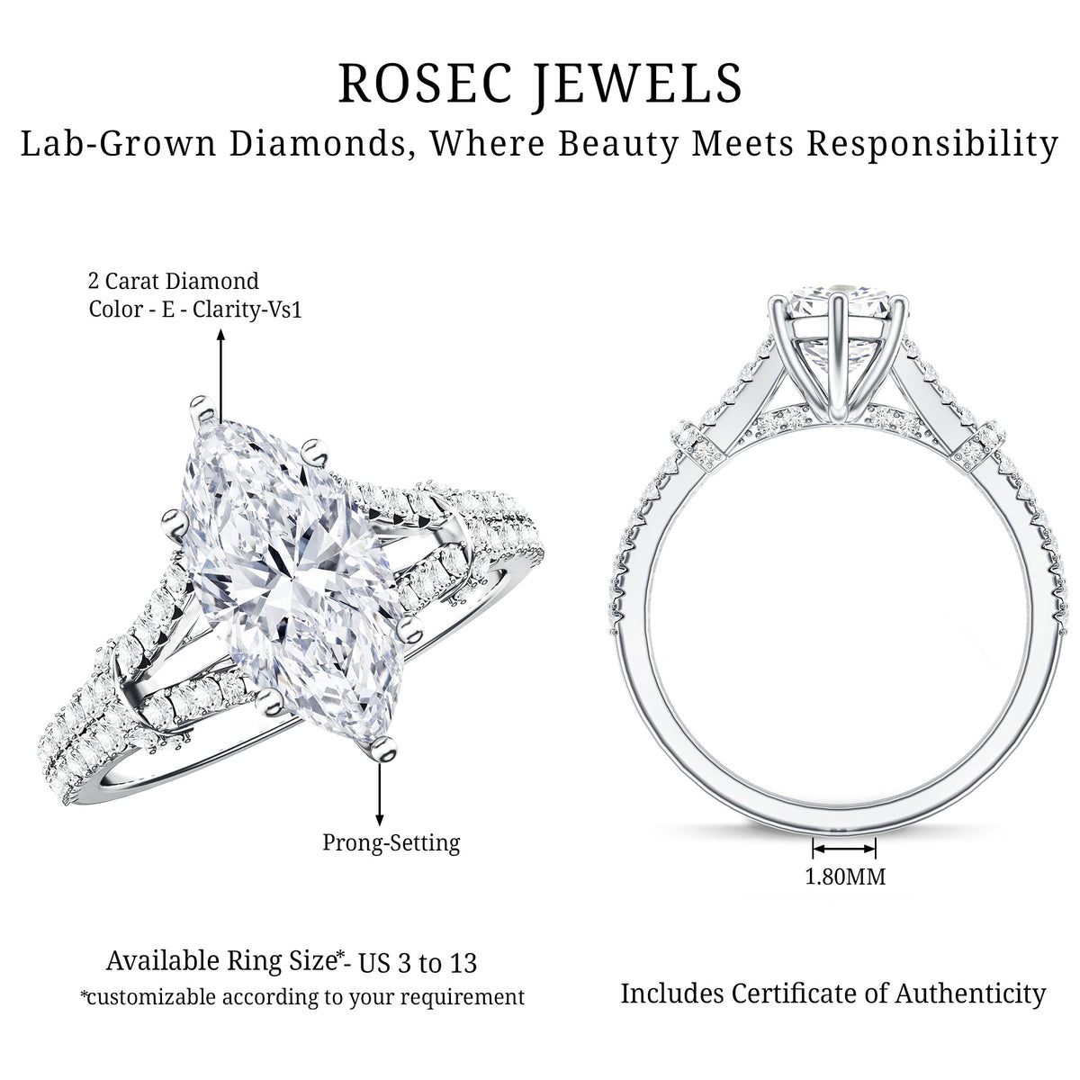 IGI Certified 2 Carat Lab Grown Marquise Diamond Engagement Ring with Split Shank Lab - ( E-VS1 ) - Rosec Jewels