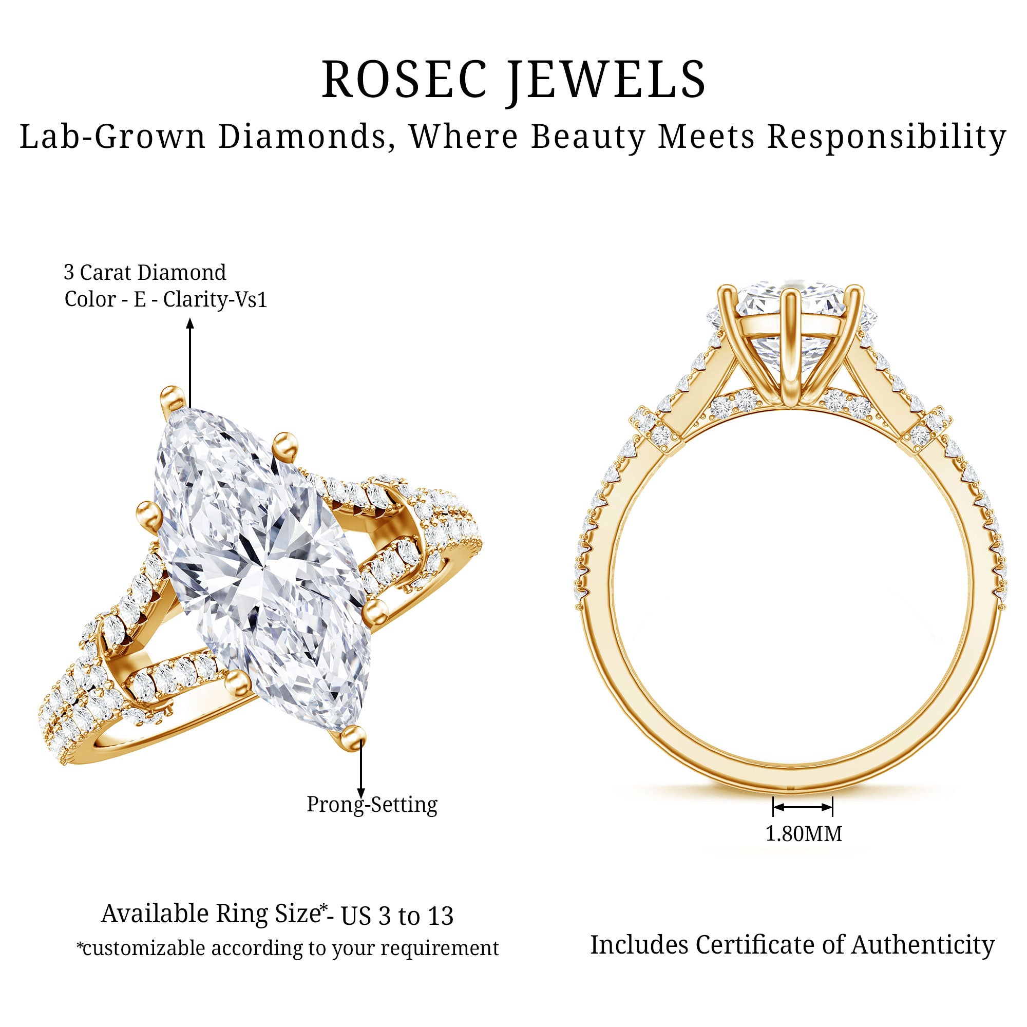 Vintage Inspired Marquise Cut Lab Grown Diamond Split Shank Engagement Ring IGI Certified 3 Carat Lab - ( E-VS1 ) - Rosec Jewels