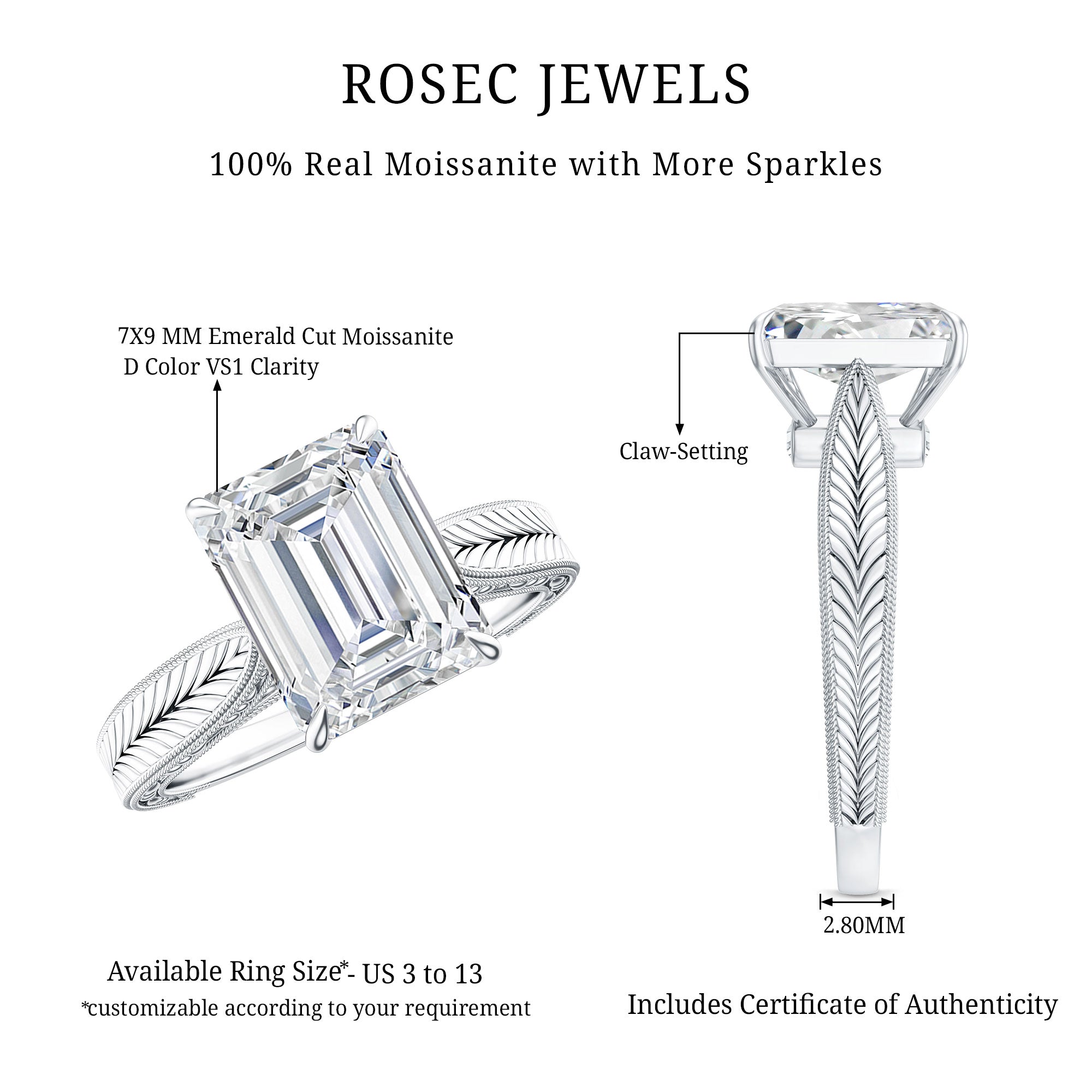Ethically Sourced 3 Carat Lab Grown Diamond Emerald Cut Engagement Ring IGI Certified Lab - ( E-VS1 ) - Rosec Jewels