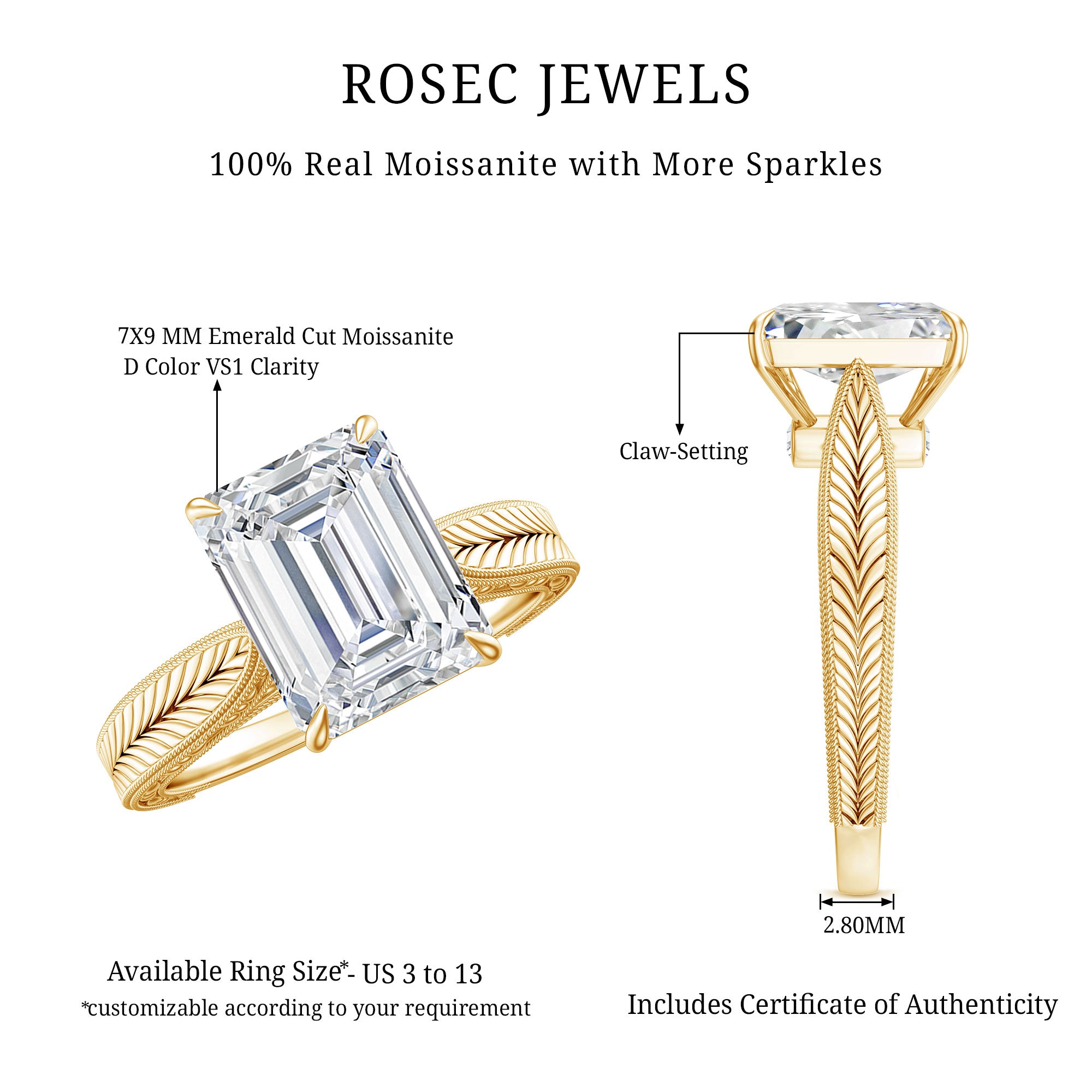 Ethically Sourced 3 Carat Lab Grown Diamond Emerald Cut Engagement Ring IGI Certified Lab - ( E-VS1 ) - Rosec Jewels