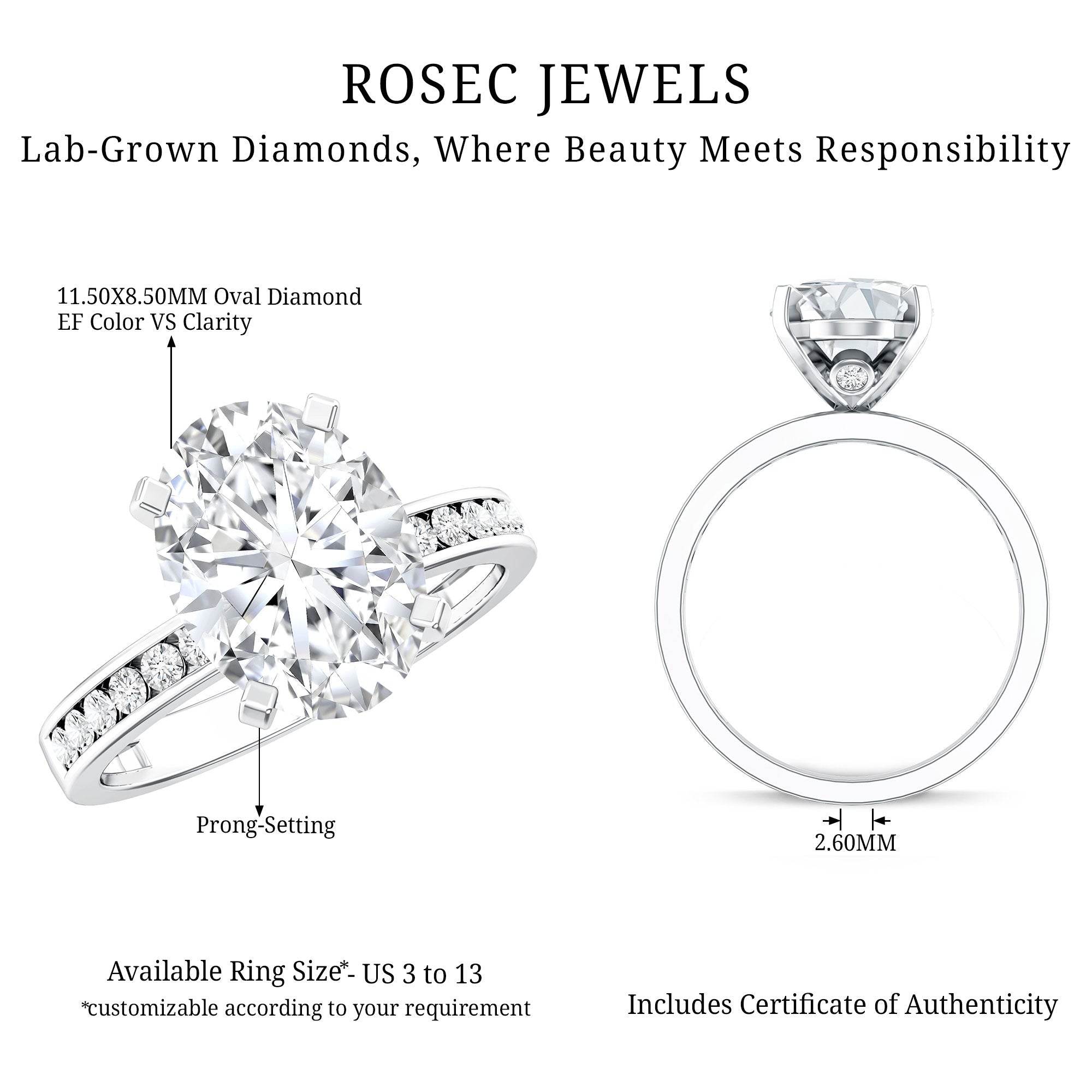 IGI Certified 3 Carat Lab Grown Diamond Oval Engagement Ring for Women Lab - ( E-VS1 ) - Rosec Jewels