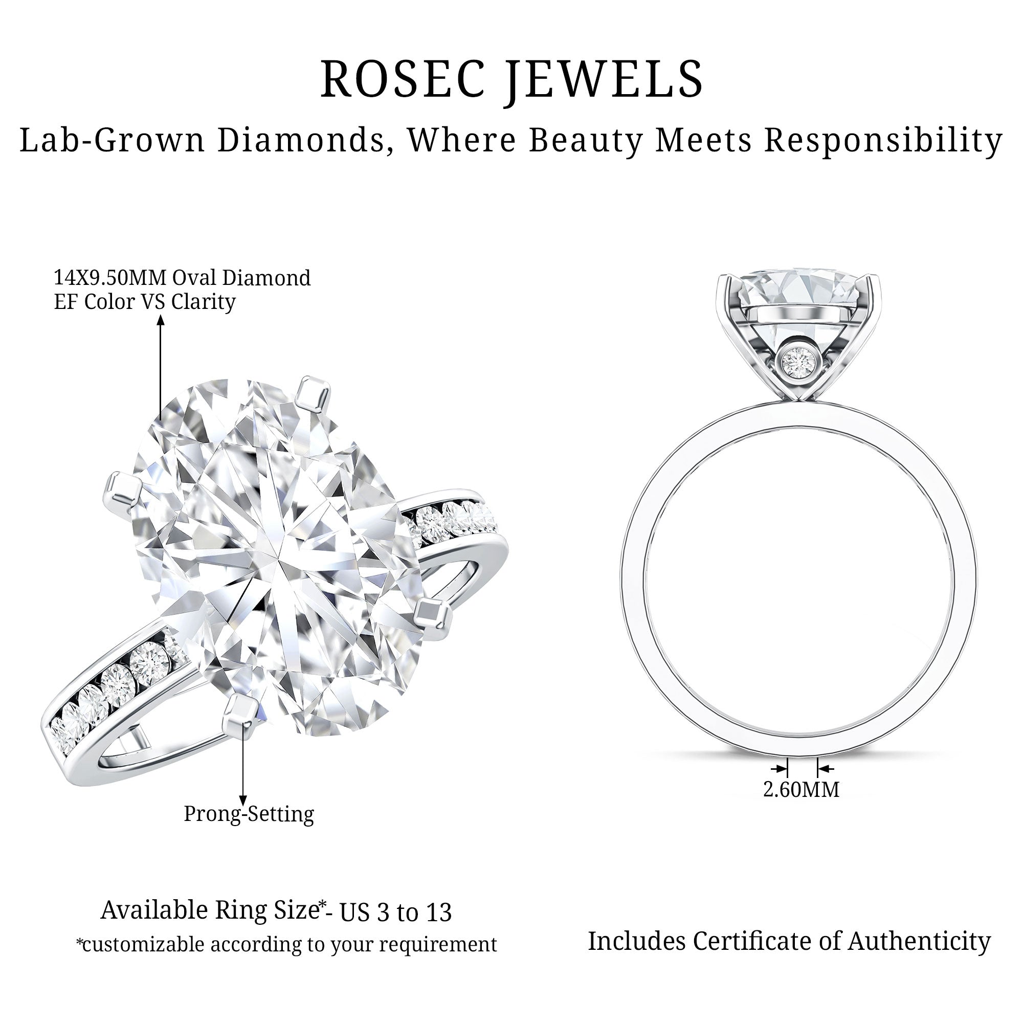 4 Carat Oval Shaped Lab Grown Diamond Huge Engagement Ring with IGI Certificate Lab - ( EF-VS ) - Rosec Jewels