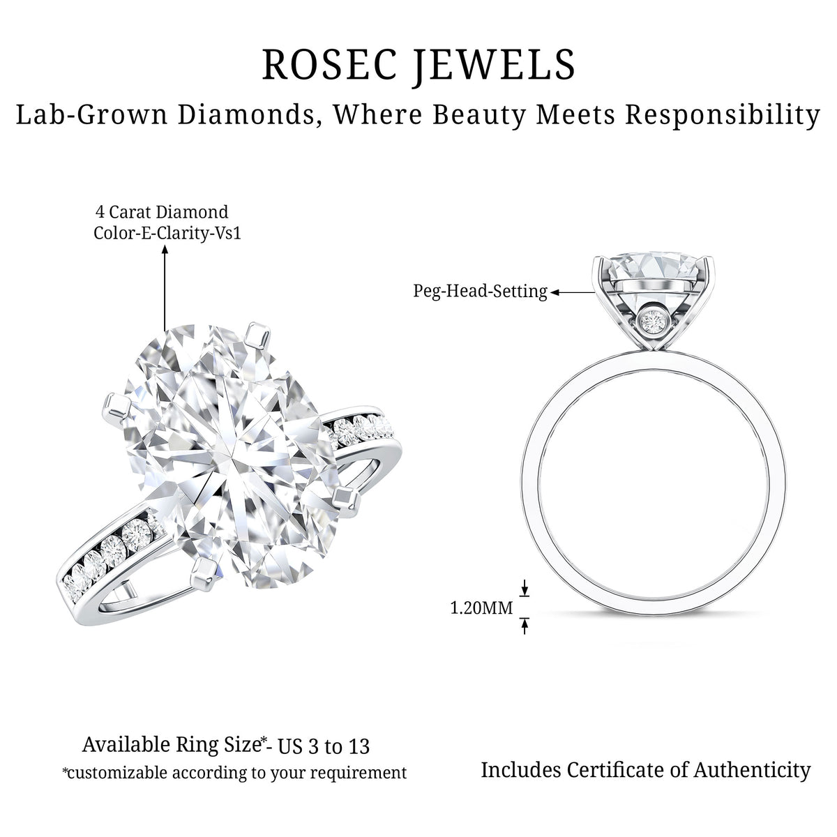 4 Carat Oval Shaped Lab Grown Diamond Huge Engagement Ring with IGI Certificate Lab - ( E-VS1 ) - Rosec Jewels