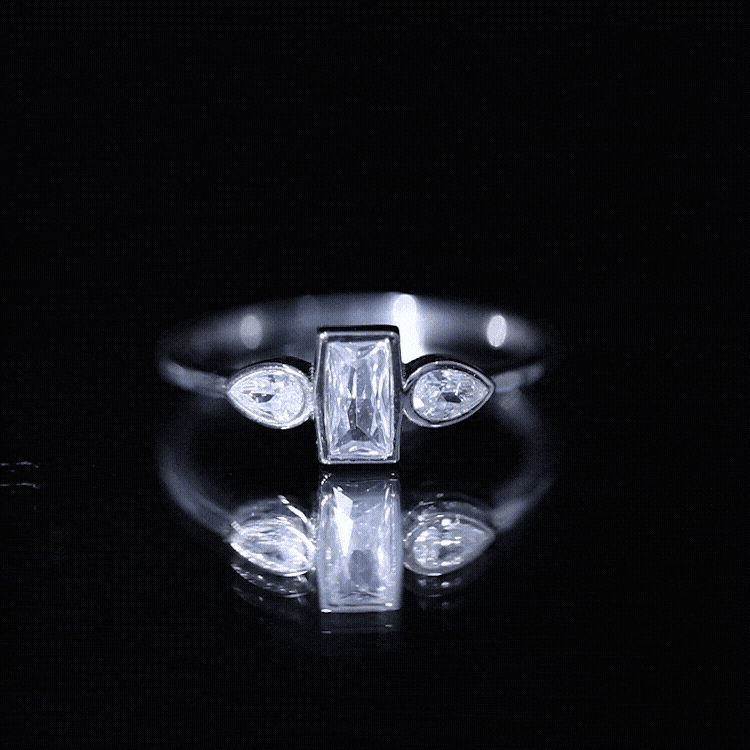 Rosec Jewels-Baguette and Pear Cut Lab Created Diamond Three Stone Engagement Ring