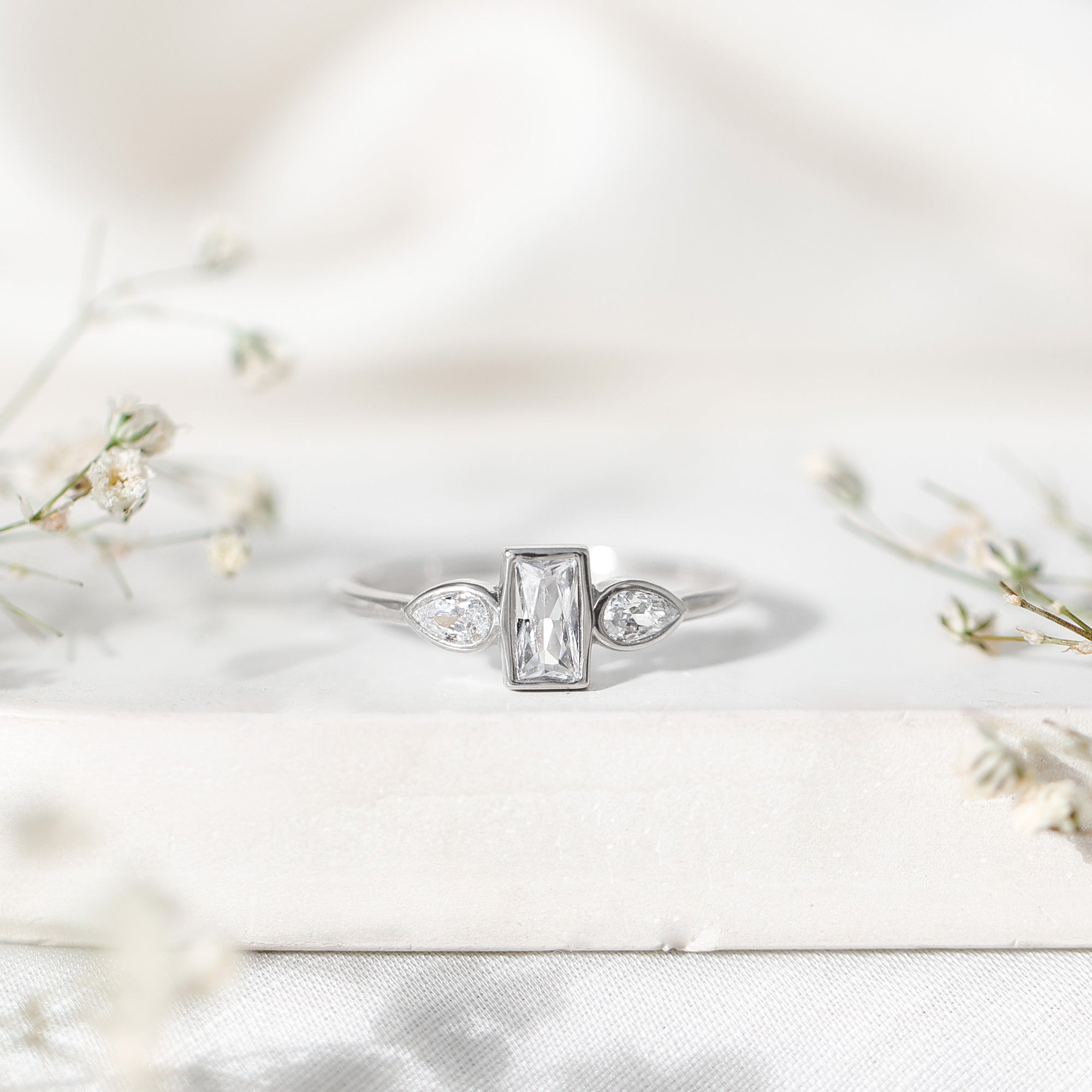 Rosec Jewels-Baguette and Pear Cut Lab Created Diamond Three Stone Engagement Ring