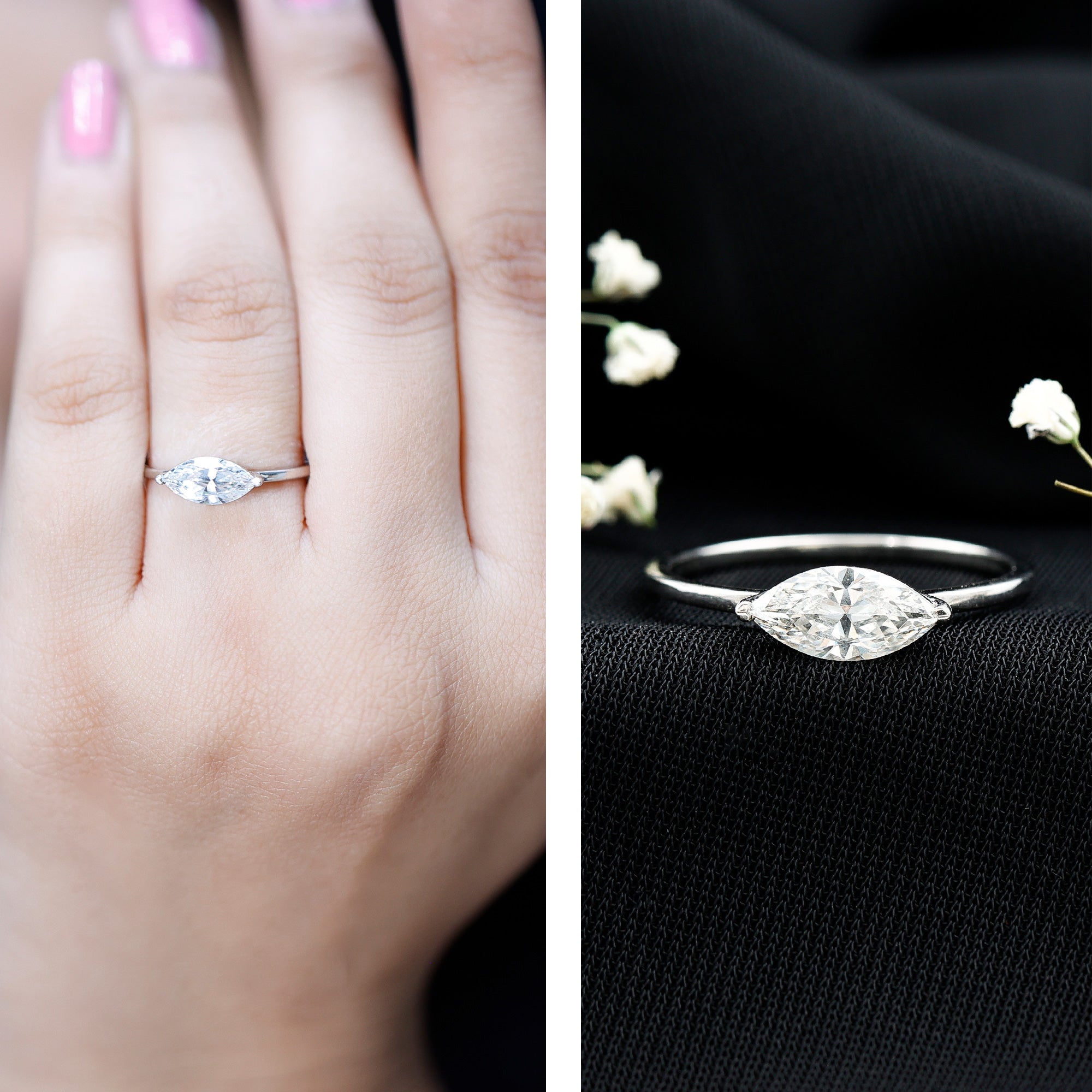 East West Marquise Cut 1 Carat Lab Grown Diamond Solitaire Ring Lab - ( EF-VS ) - Rosec Jewels