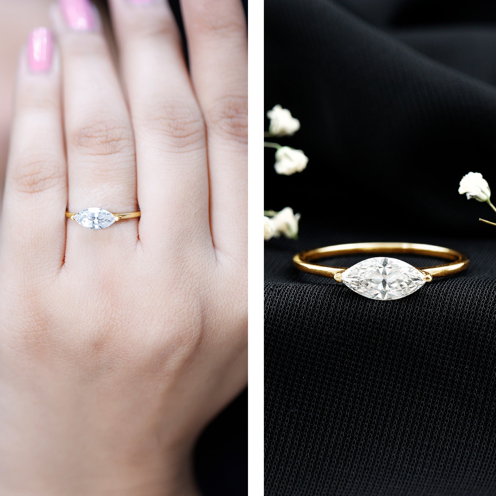 East West Marquise Cut 1 Carat Lab Grown Diamond Solitaire Ring Lab - ( EF-VS ) - Rosec Jewels