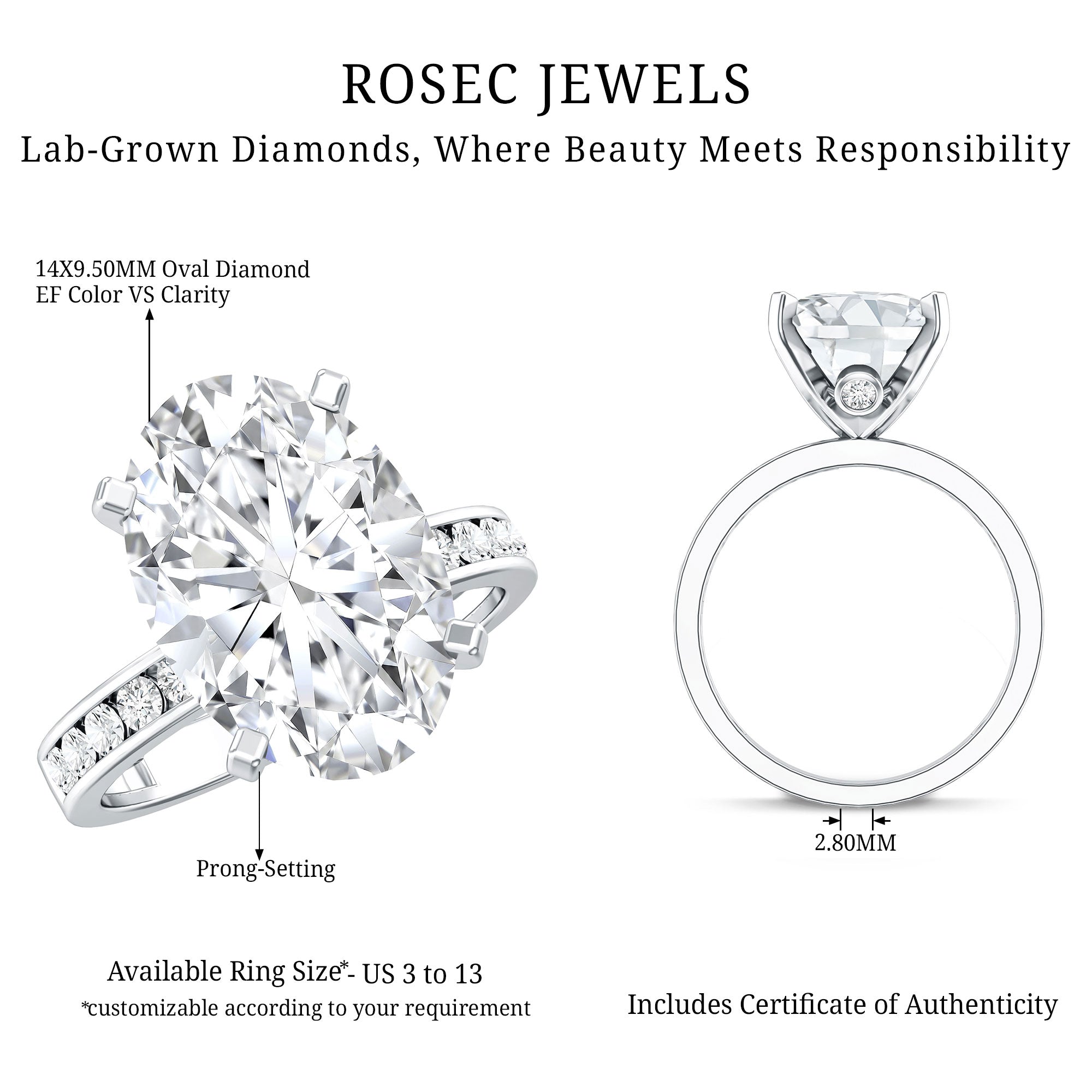 Oval Cut 5 Carat Lab Grown Diamond Big Engagement Ring with IGI Certificate Lab - ( EF-VS ) - Rosec Jewels
